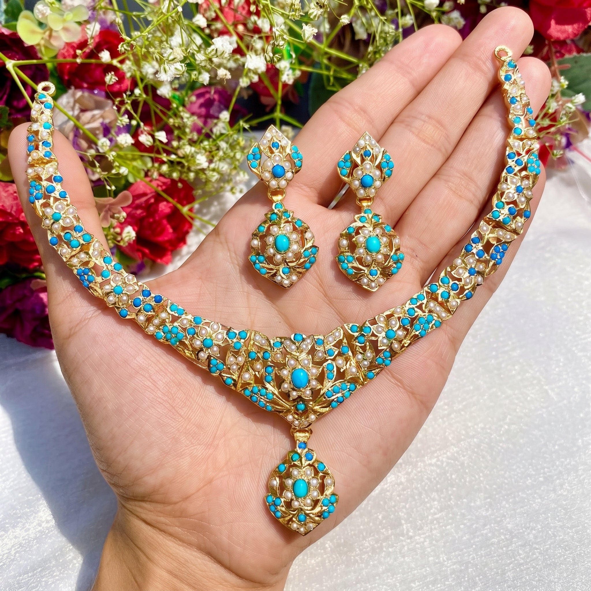 Pearl Pheroza Jadau Necklace Set in Gold Plated Silver NS 075