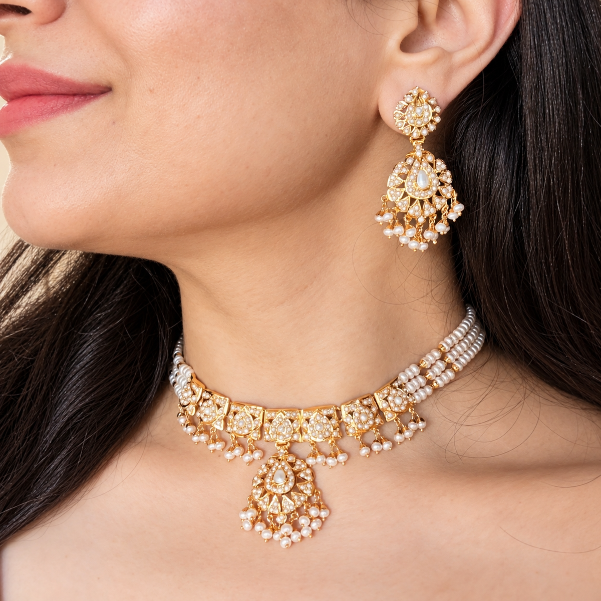 Sleek Pearl Jadau Choker Set in Gold-Plated 925 Silver NS 501