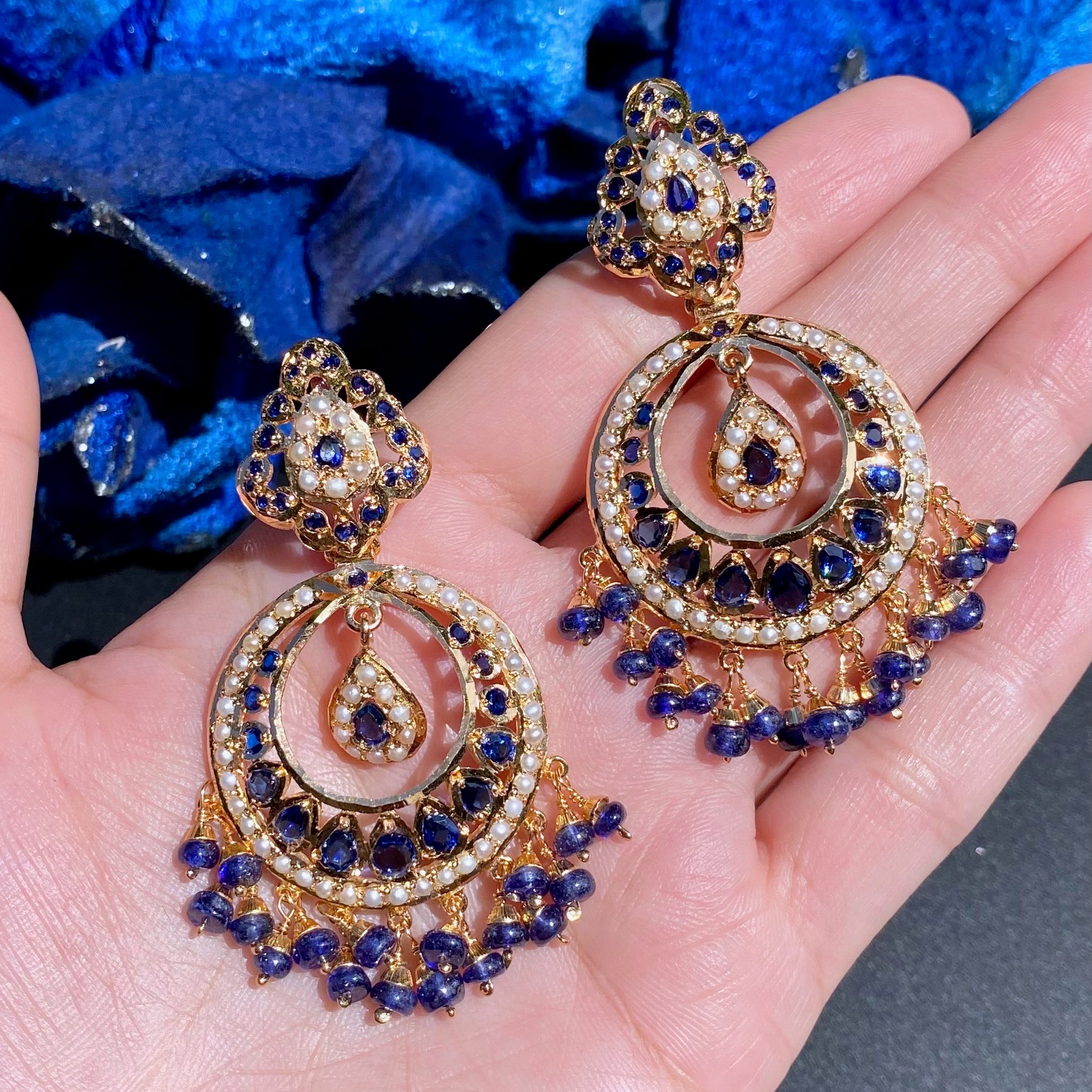 Exquisite Neelam Chandbali Earrings | Premium Jadau Jewelry on Silver Base ER 625