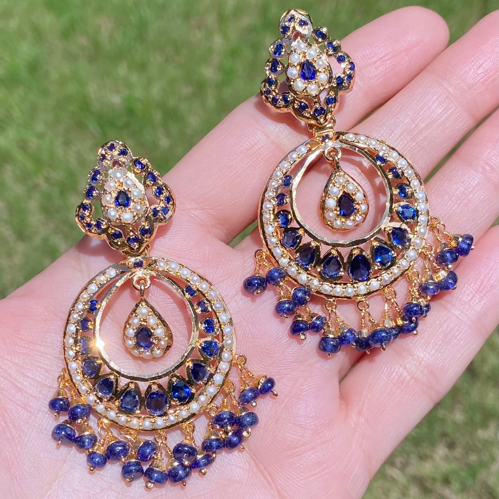 Exquisite Neelam Chandbali Earrings | Premium Jadau Jewelry on Silver Base ER 625