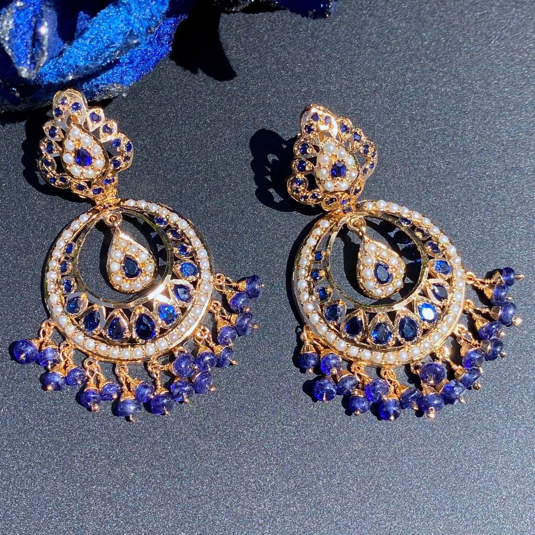 Exquisite Neelam Chandbali Earrings | Premium Jadau Jewelry on Silver Base ER 625