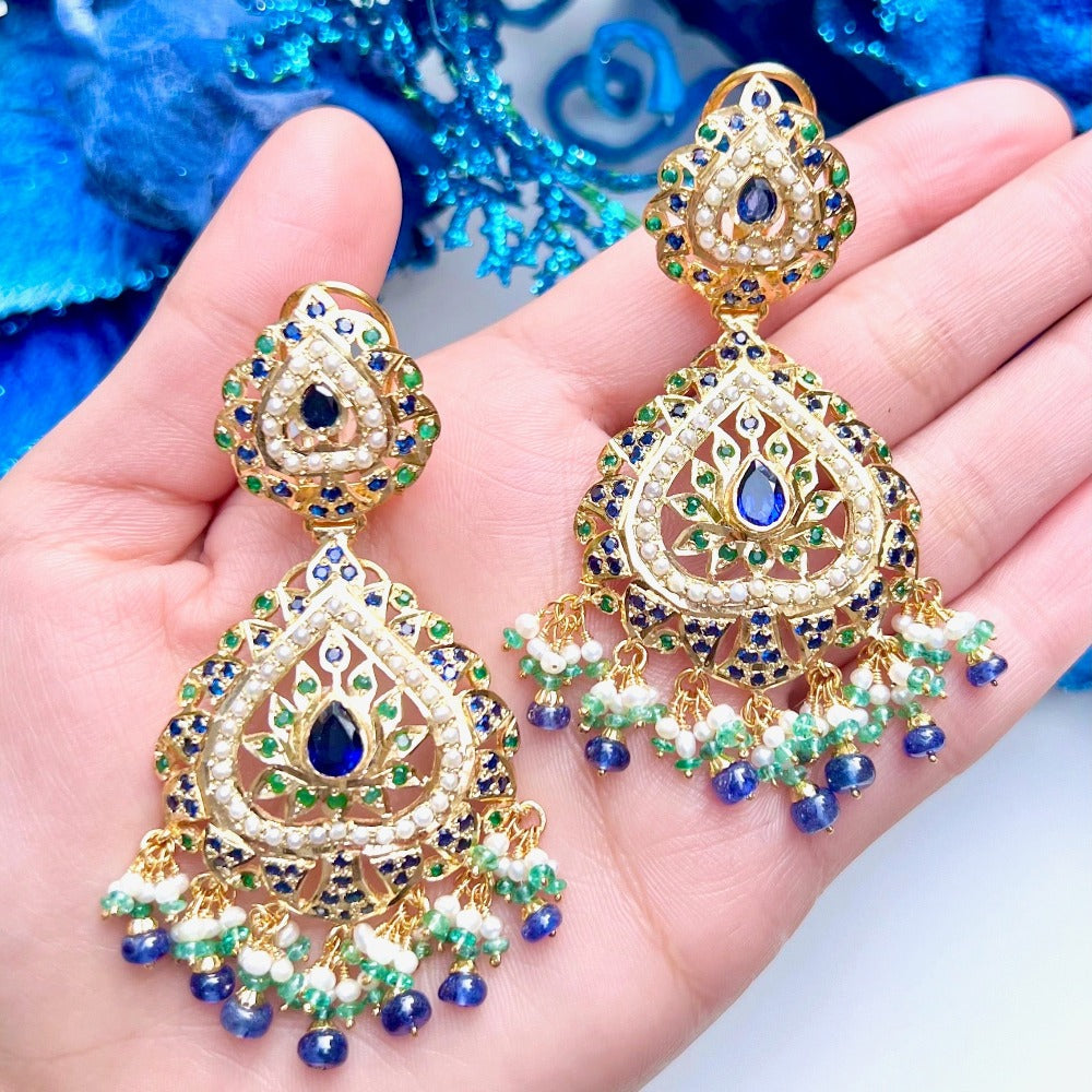 Gold Plated Emerald Pearl Sapphire Earrings in 925 Silver ER 164