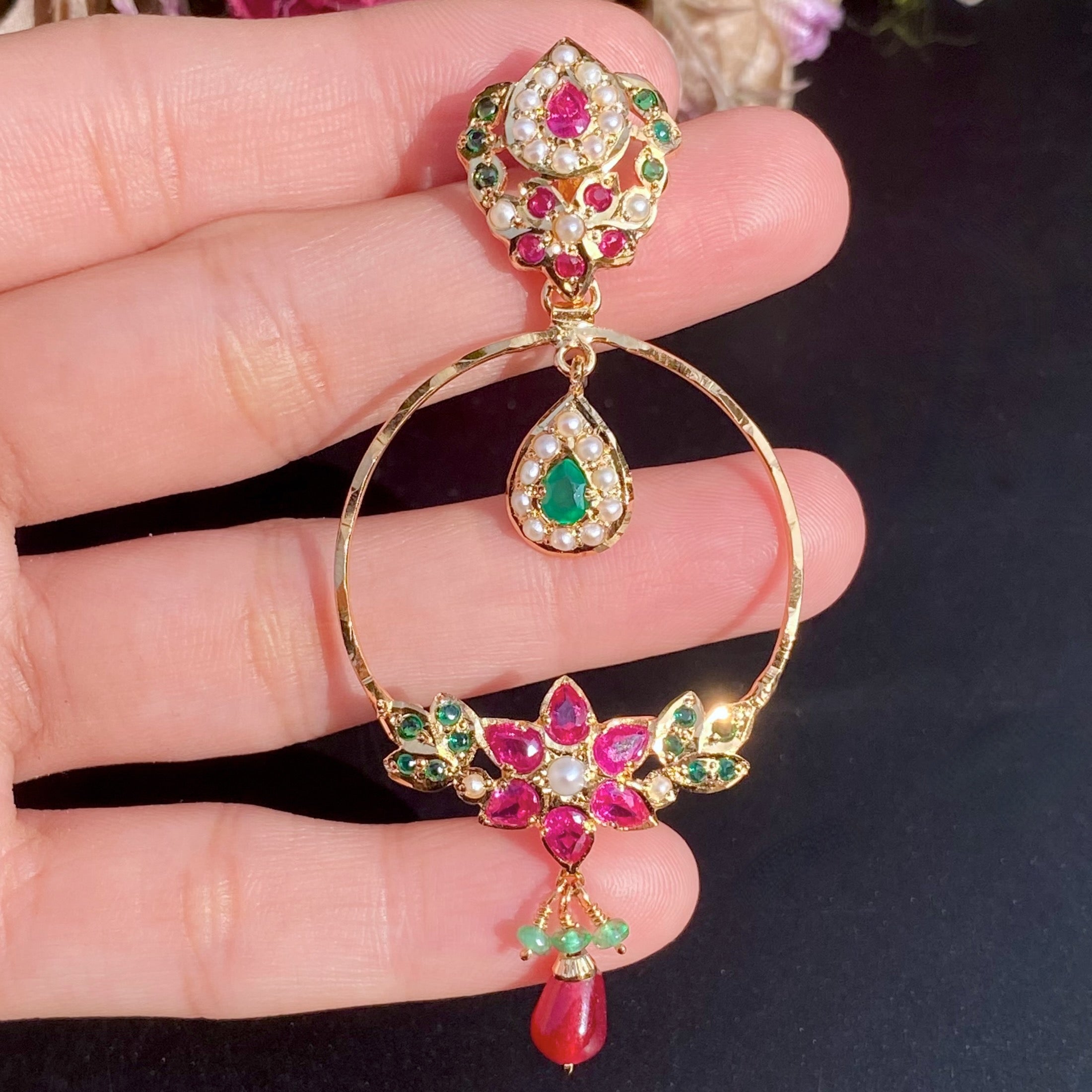 simple lightweight chandbali earrings with ruby emerald pearls