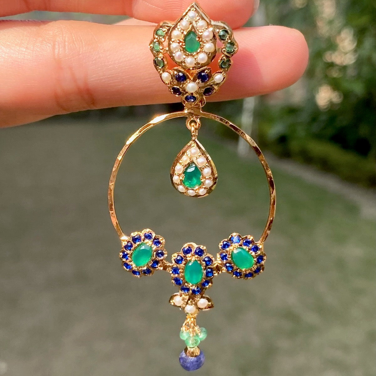 gold plated chandbali in navy blue color