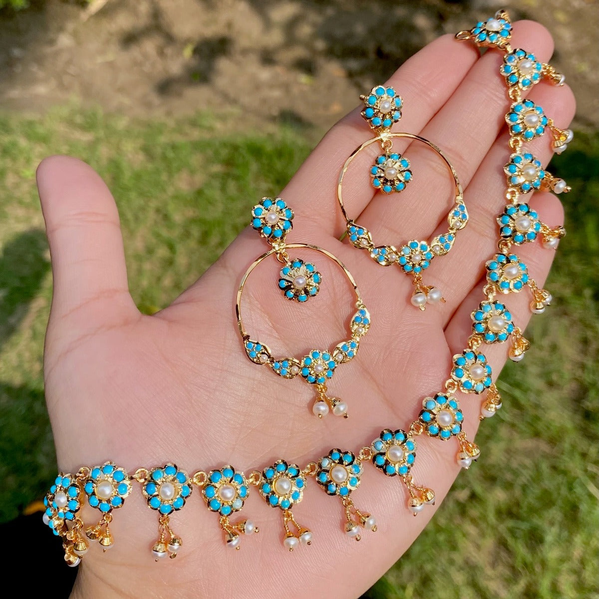 pearl and turquoise necklace set with chandbali earrings