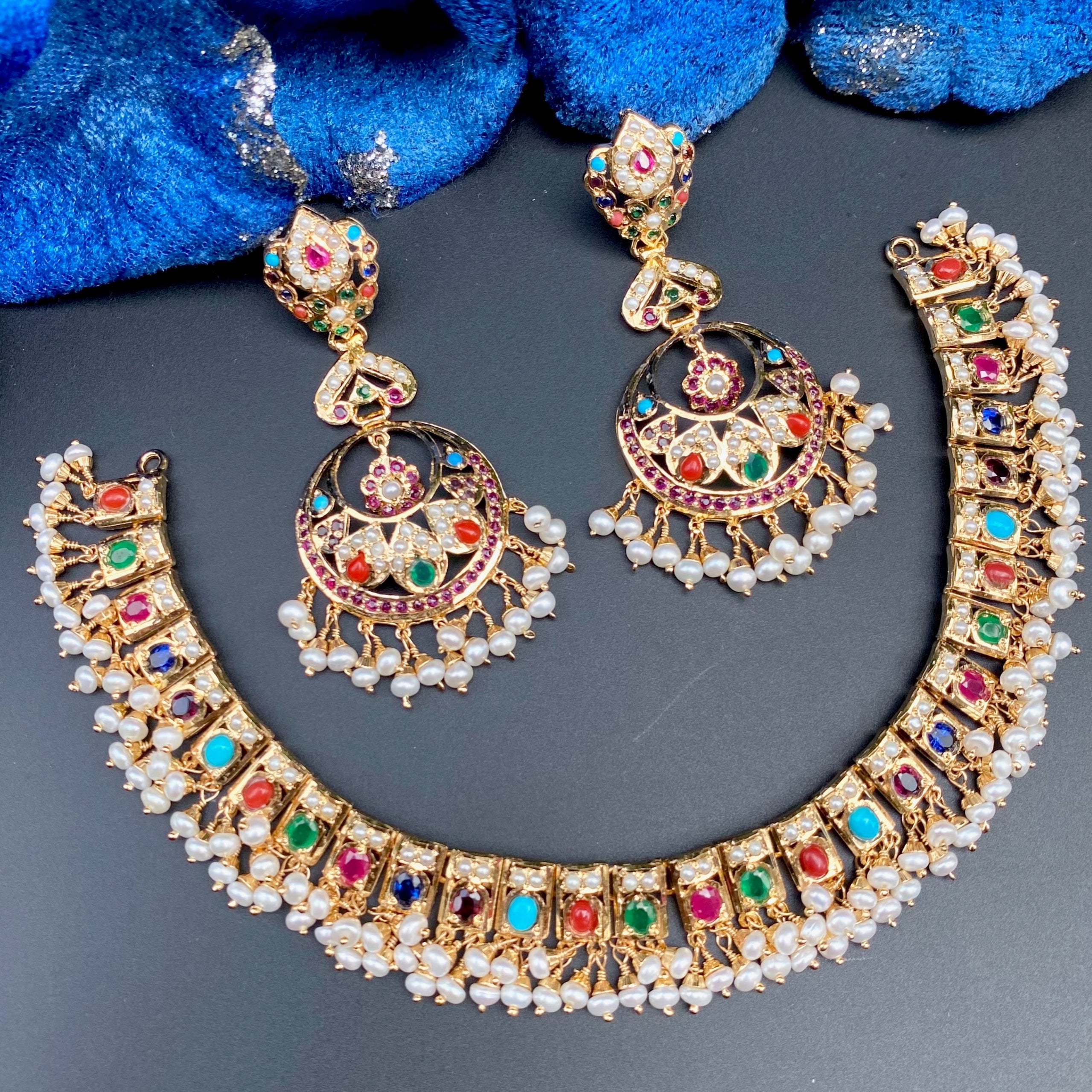 Classic Navratna Necklace with Long Chandbali Earrings | Gold Plated on Silver NS 422