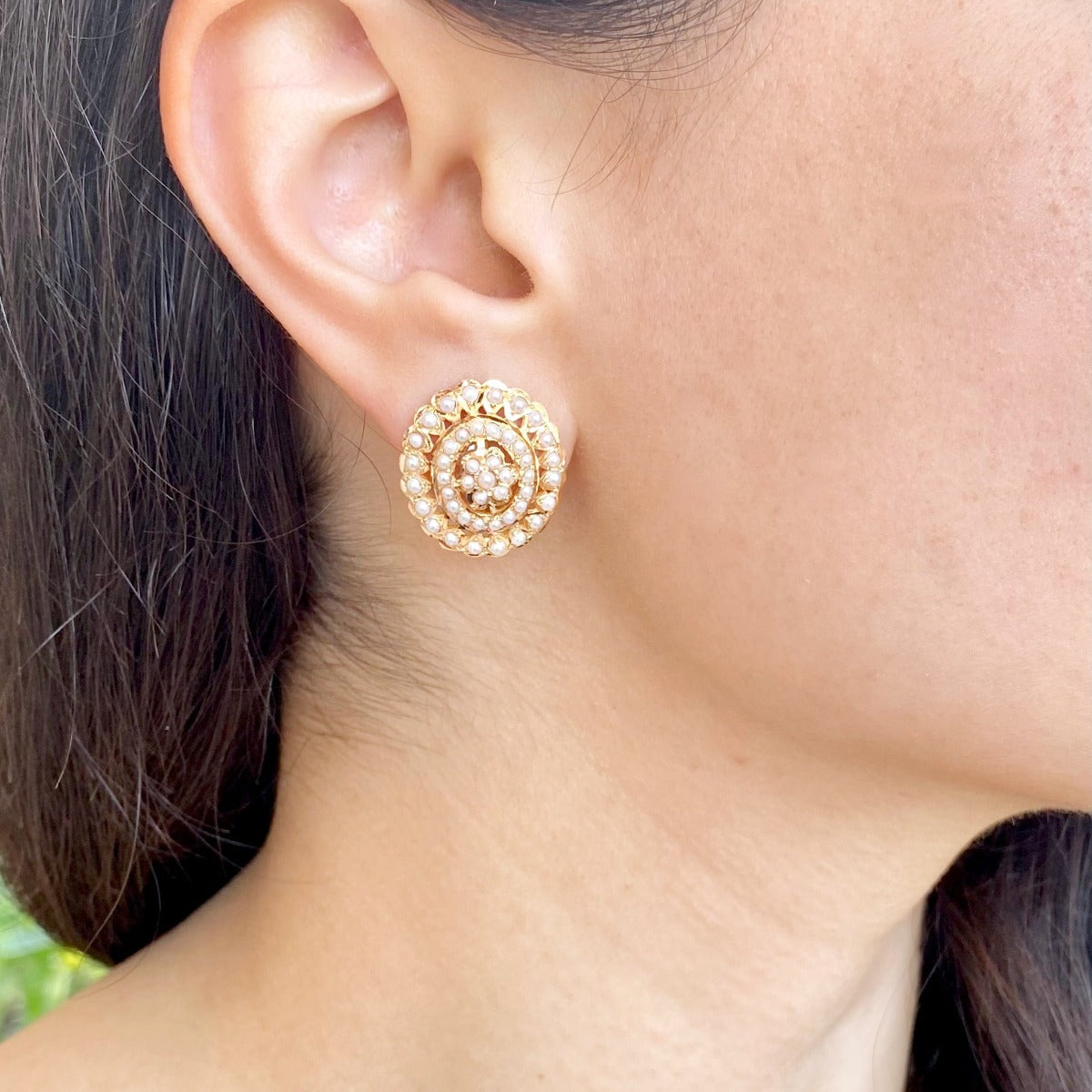 oval pearl studs on gold