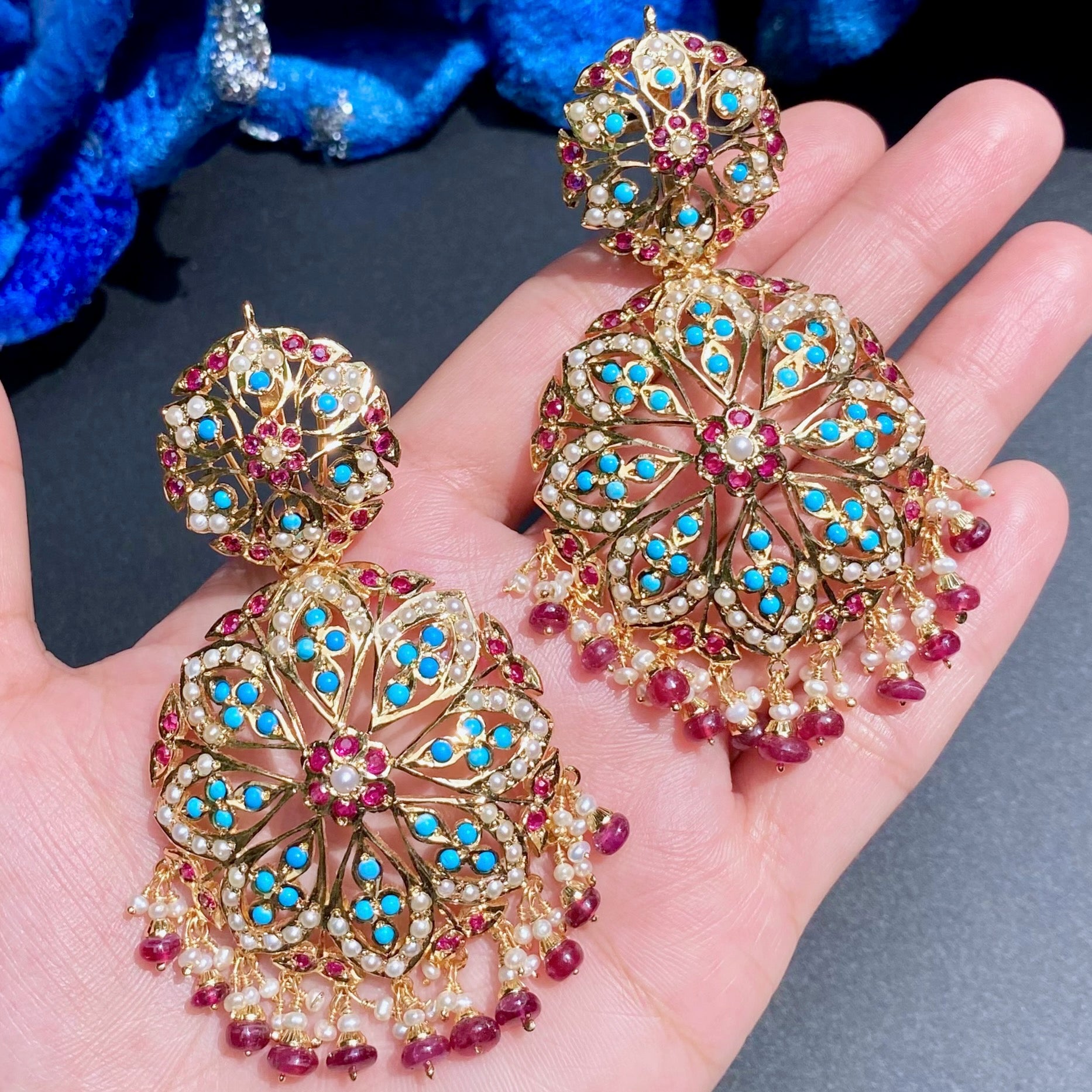 Large Round Jadau Dangler Earrings | Gold Plated on 925 Silver | ER 603