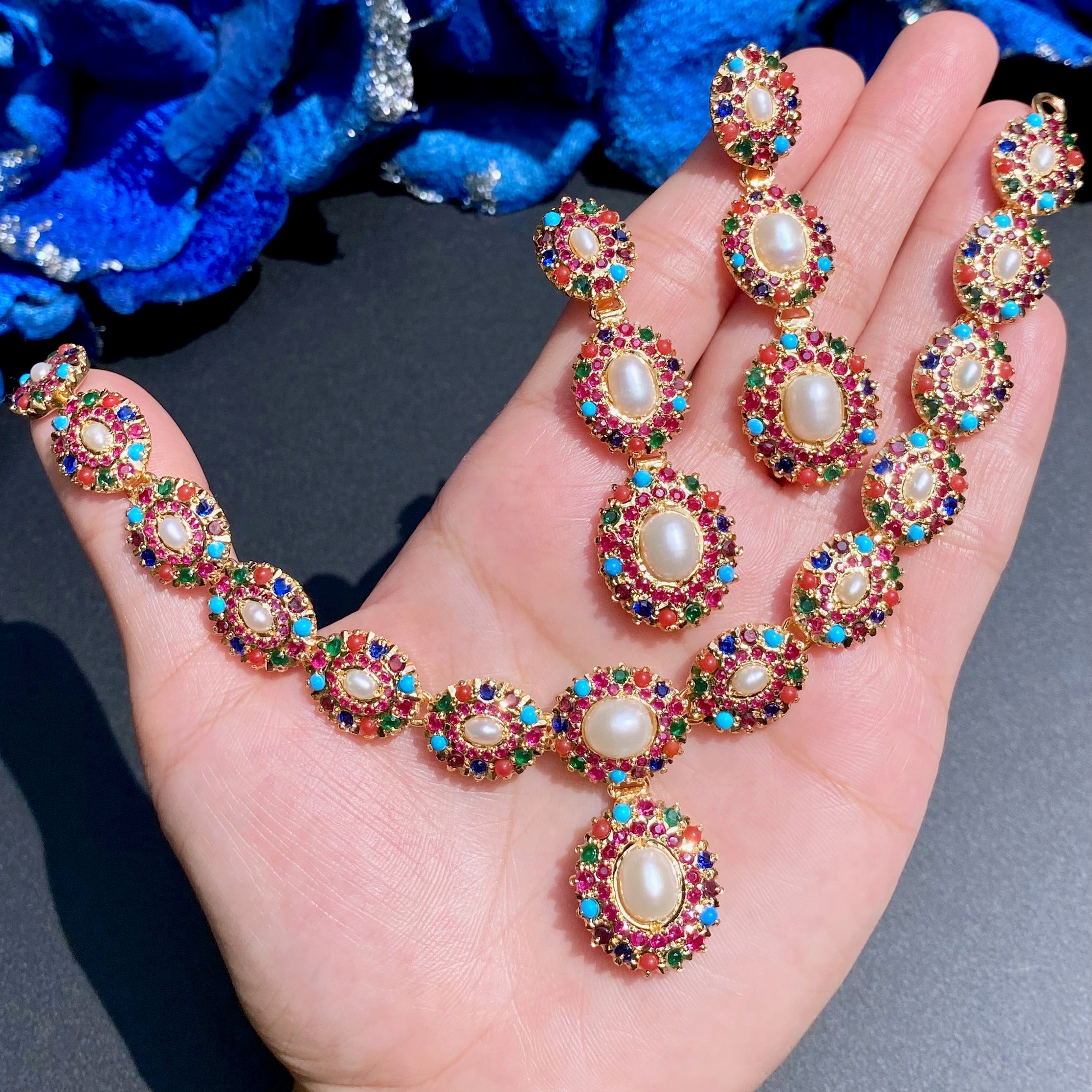 Unique Navratna Necklace Set | Gold Plated on Silver Jewelry | NS 420