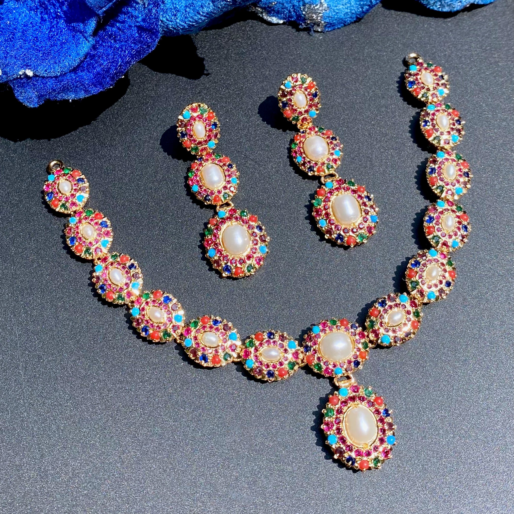 Unique Navratna Necklace Set | Gold Plated on Silver Jewelry | NS 420