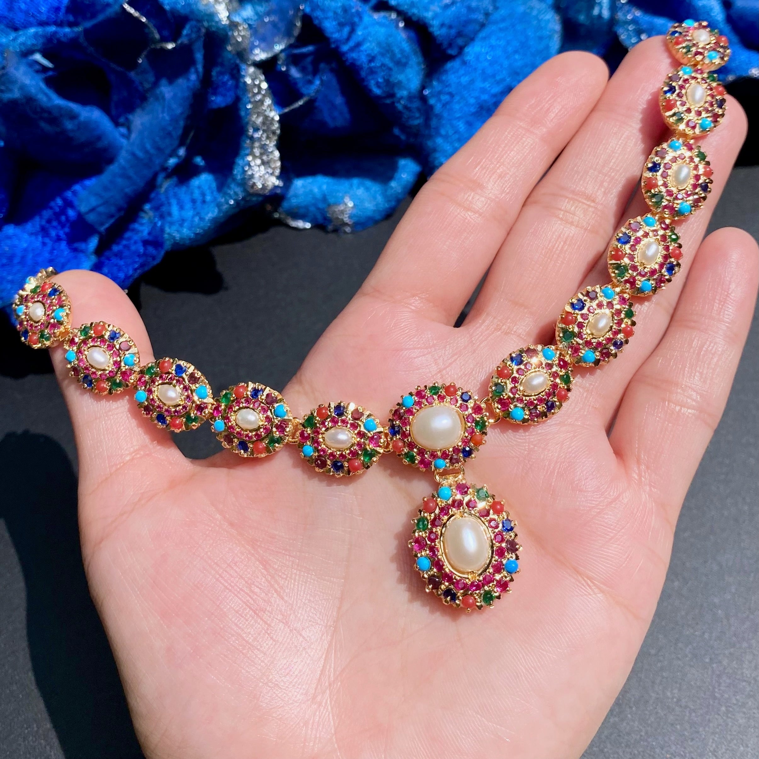 Unique Navratna Necklace Set | Gold Plated on Silver Jewelry | NS 420