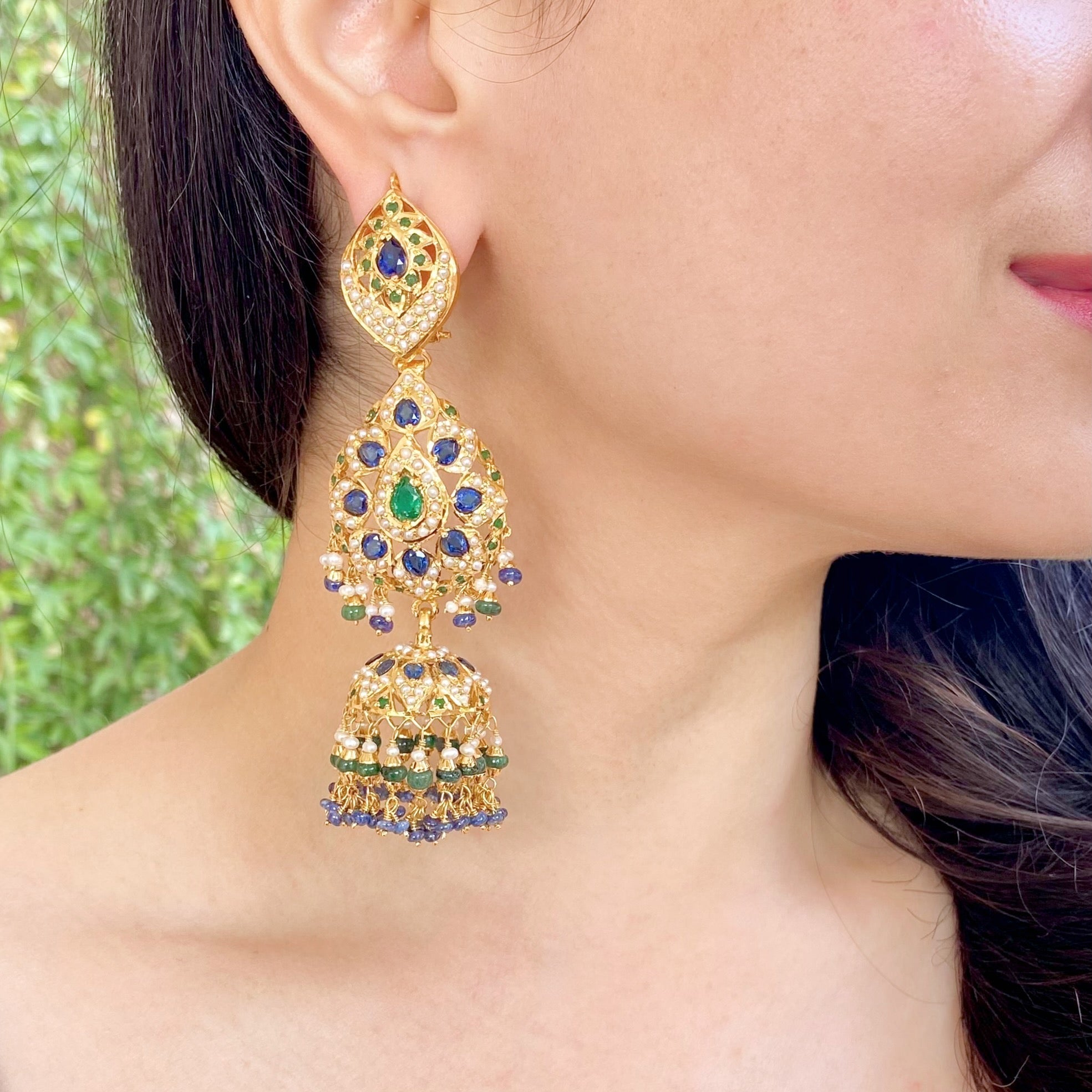 Long Sapphire Emerald Jhumka Earrings Statement Earrings Gold