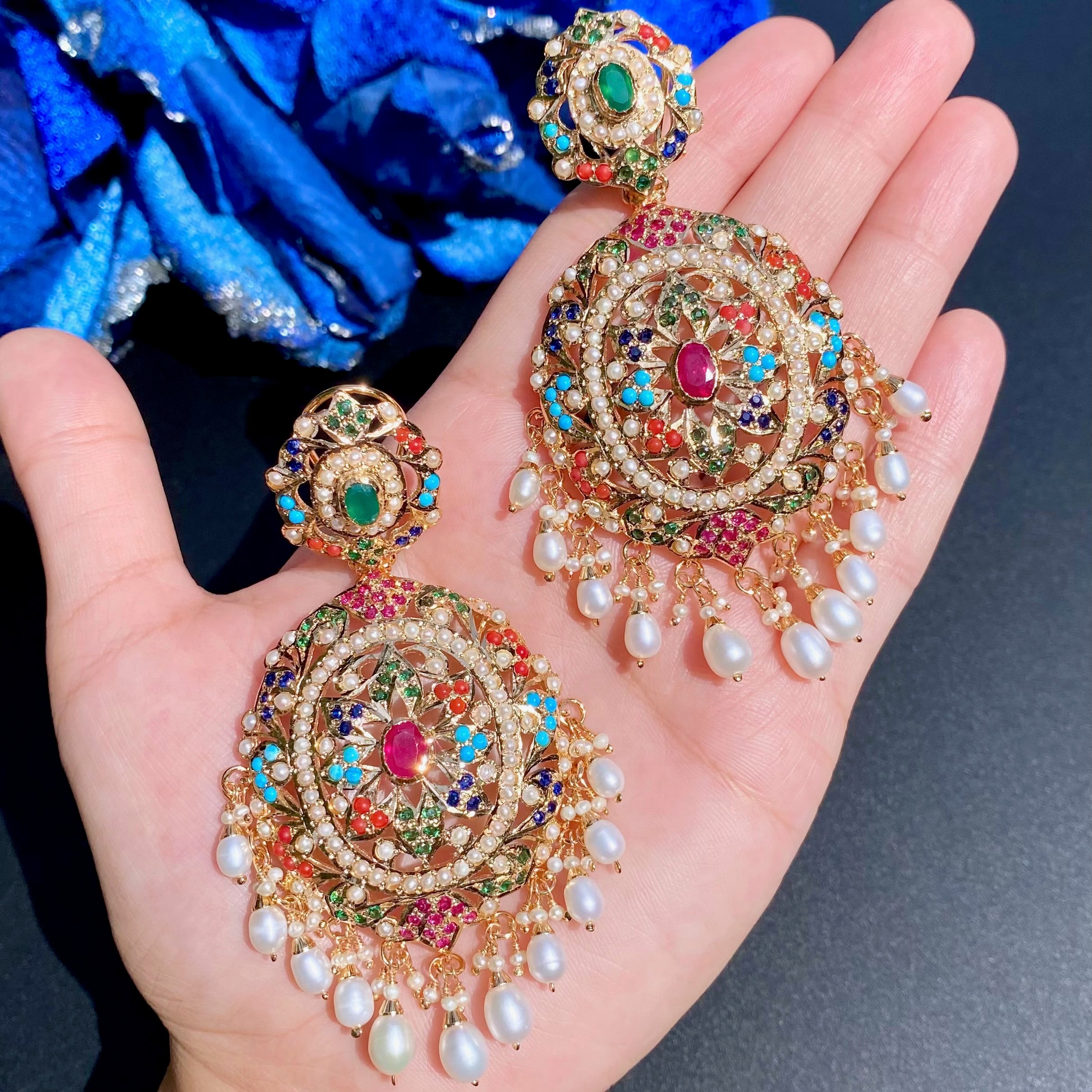 नवरतन जड़ाऊ इयररिंग्स गोल्ड प्लेटेड सिल्वर ER 061