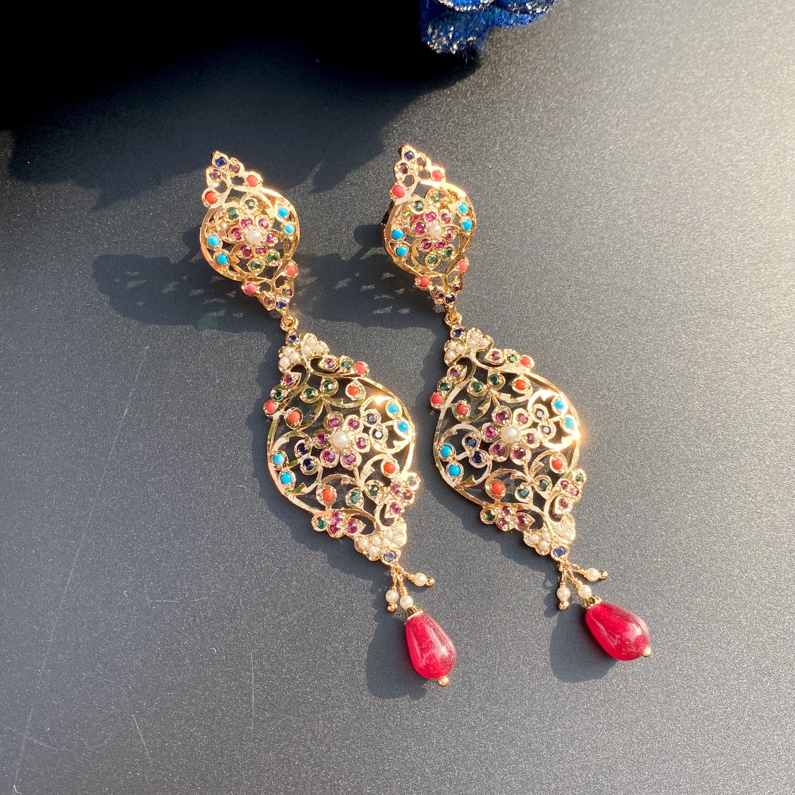 Exquisite Navratna Danglers | Gold Plated on Mixed Metal Base BER 008
