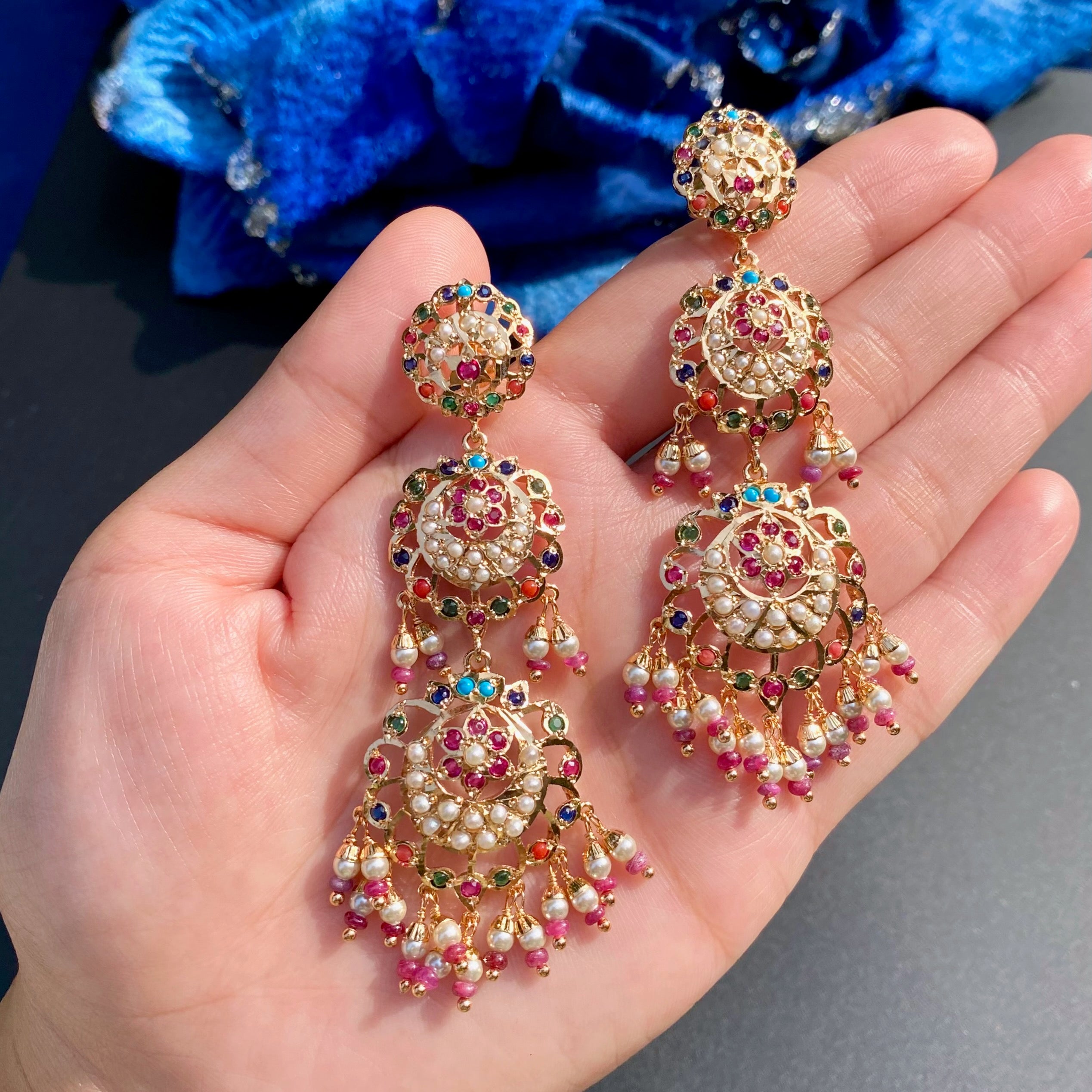 Long Navratna Danglers | Gold Plated on Mixed Metal BER 022