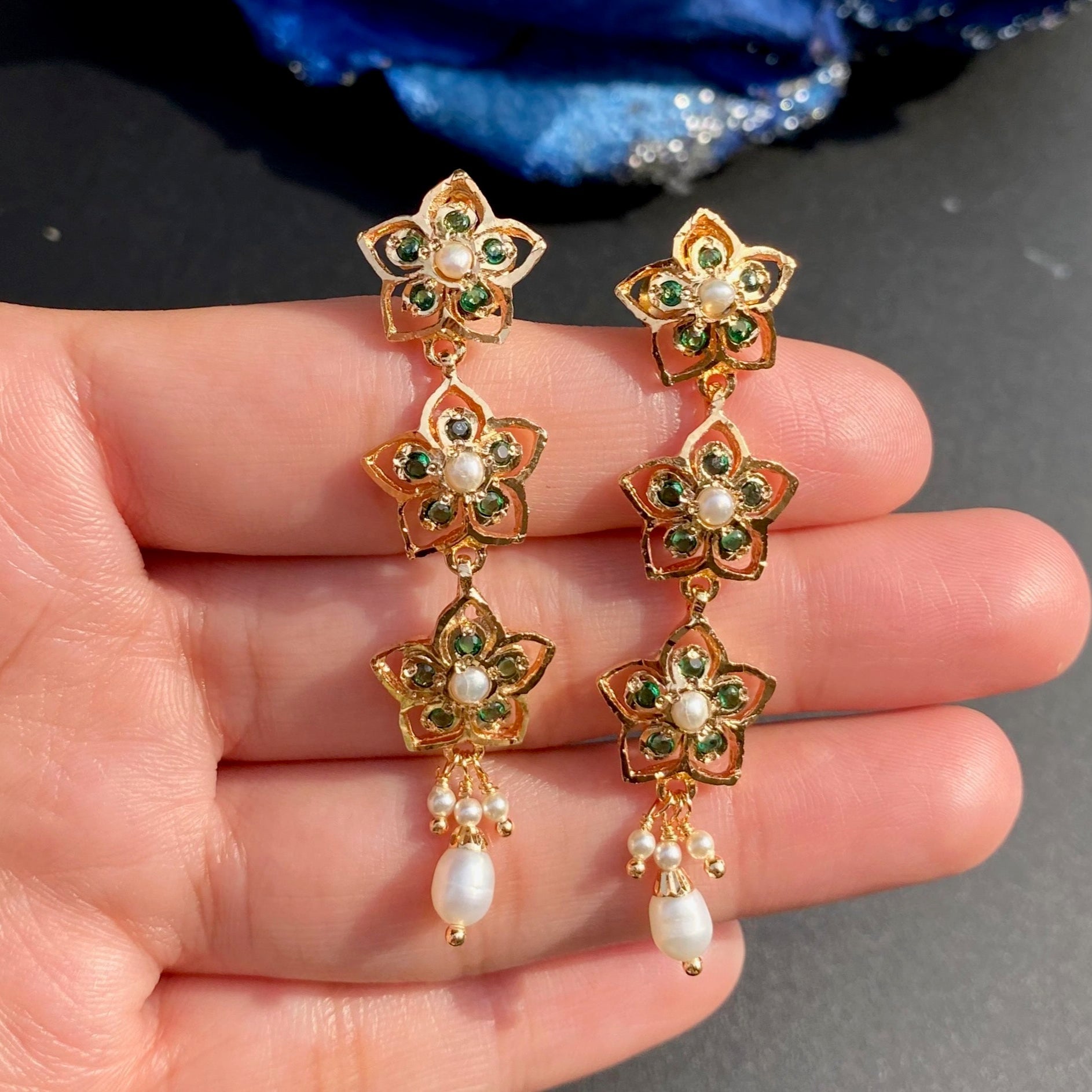Slender Gold Plated Jadau Earrings | Cute Floral Design in Green Color BER 006