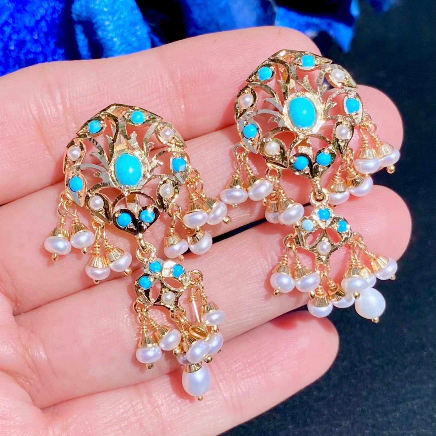 Turquoise & Pearl Stud Earrings | Gold Plated on Silver ER 618