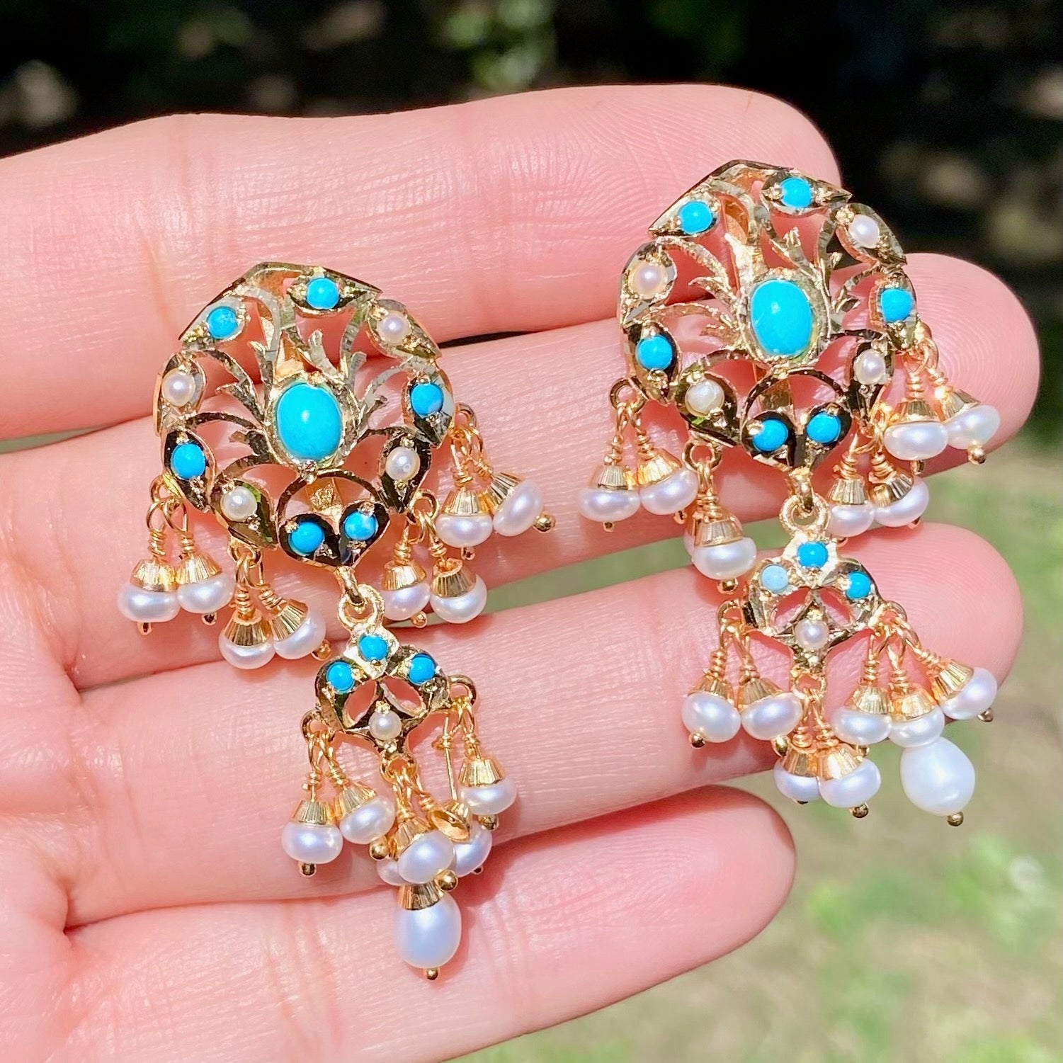 Turquoise & Pearl Stud Earrings | Gold Plated on Silver ER 618