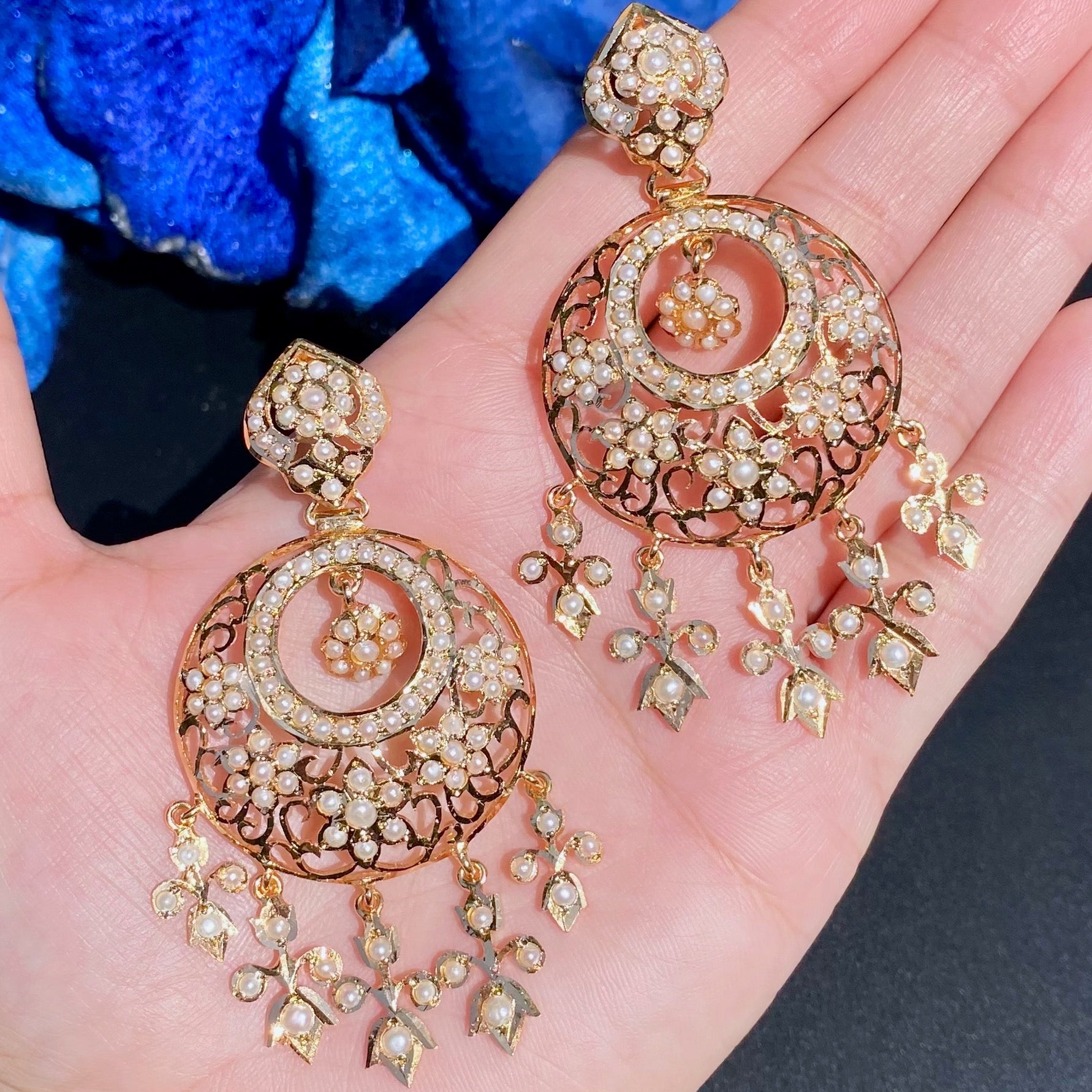 Antique Style Pearl Chandbali Earrings | Indo Western Design Jewelry on Silver ER 610