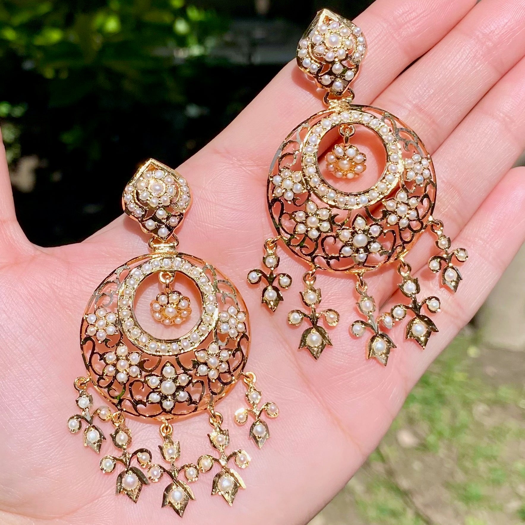 Antique Style Pearl Chandbali Earrings | Indo Western Design Jewelry on Silver ER 610