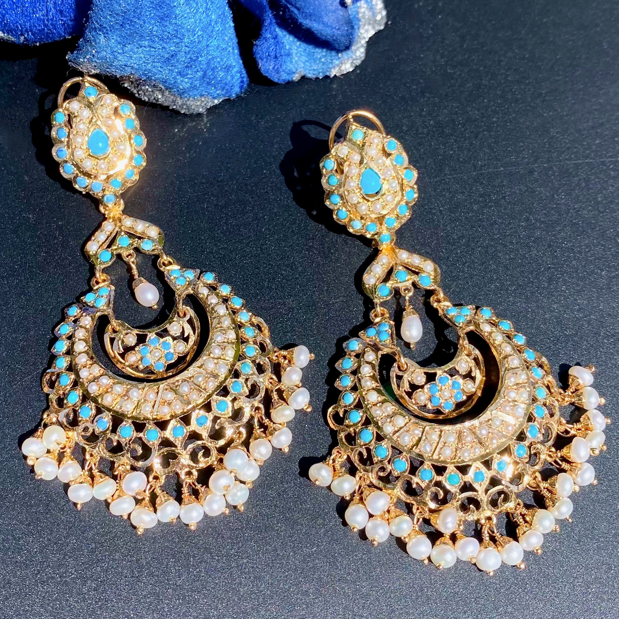 Pearl & Feroza Studded Chandbali Danglers | Ethnic Indian Jadau Jewelry ER 608