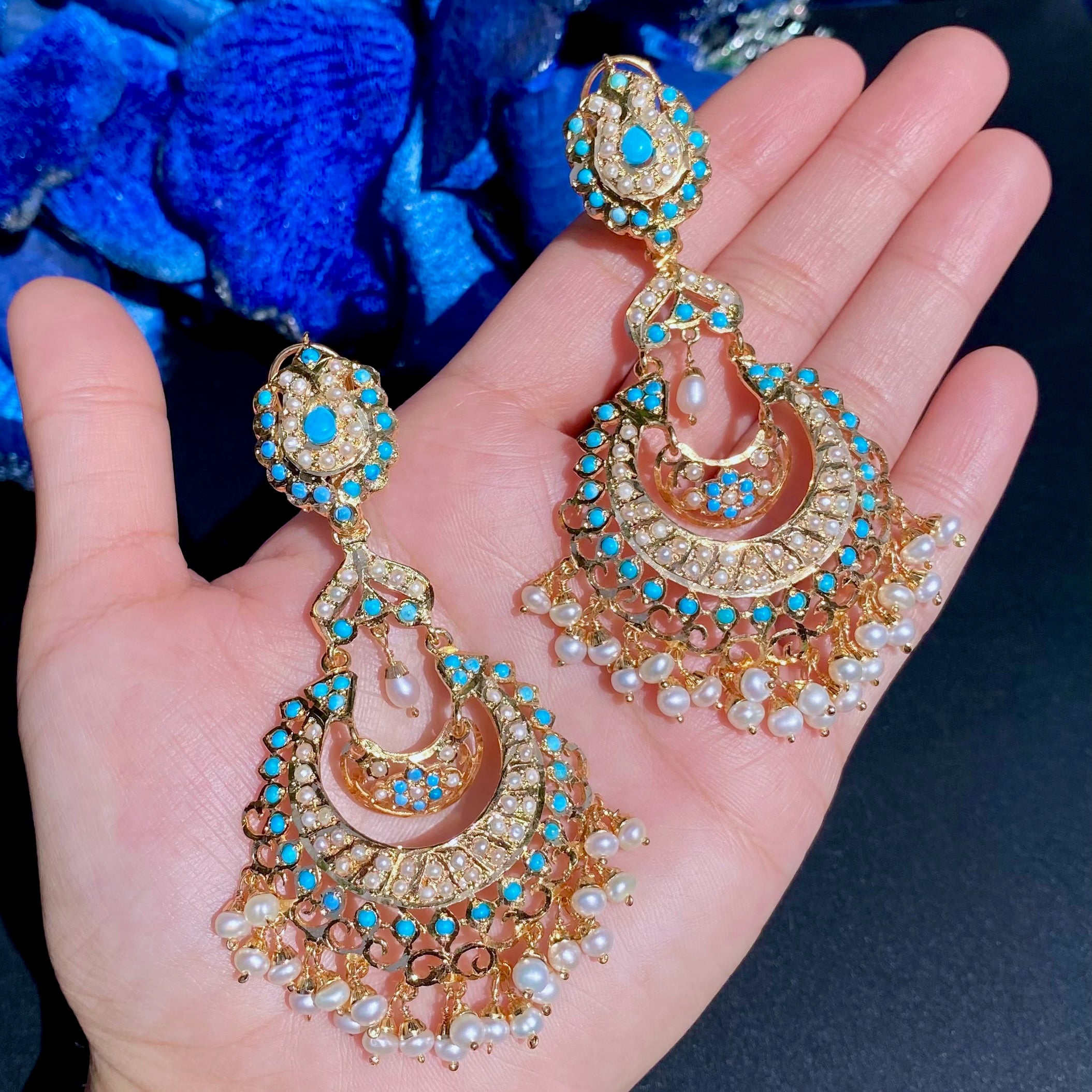 Pearl & Feroza Studded Chandbali Danglers | Ethnic Indian Jadau Jewelry ER 608