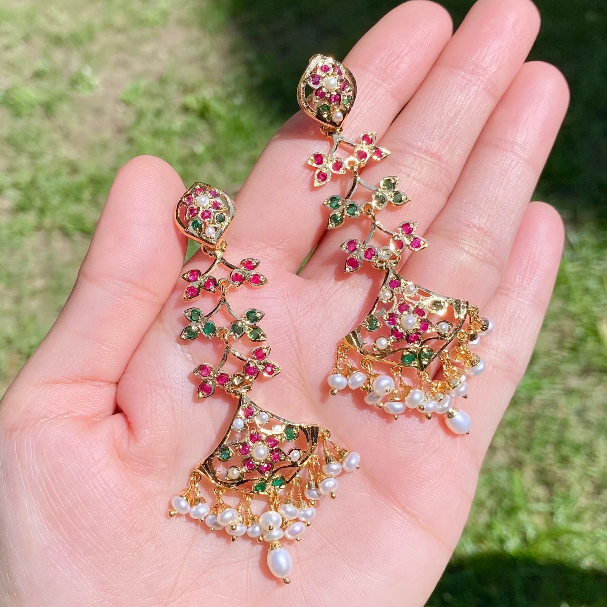 Long Ruby Emerald Danglers For Women | Gold Plated on Silver ER 615