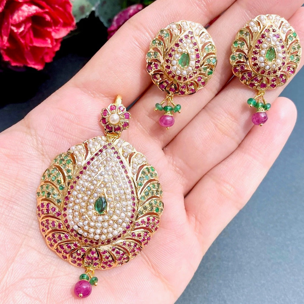 Gold Pendant Set Studded with Fine Rubies, Emeralds and Pearls GPS 047