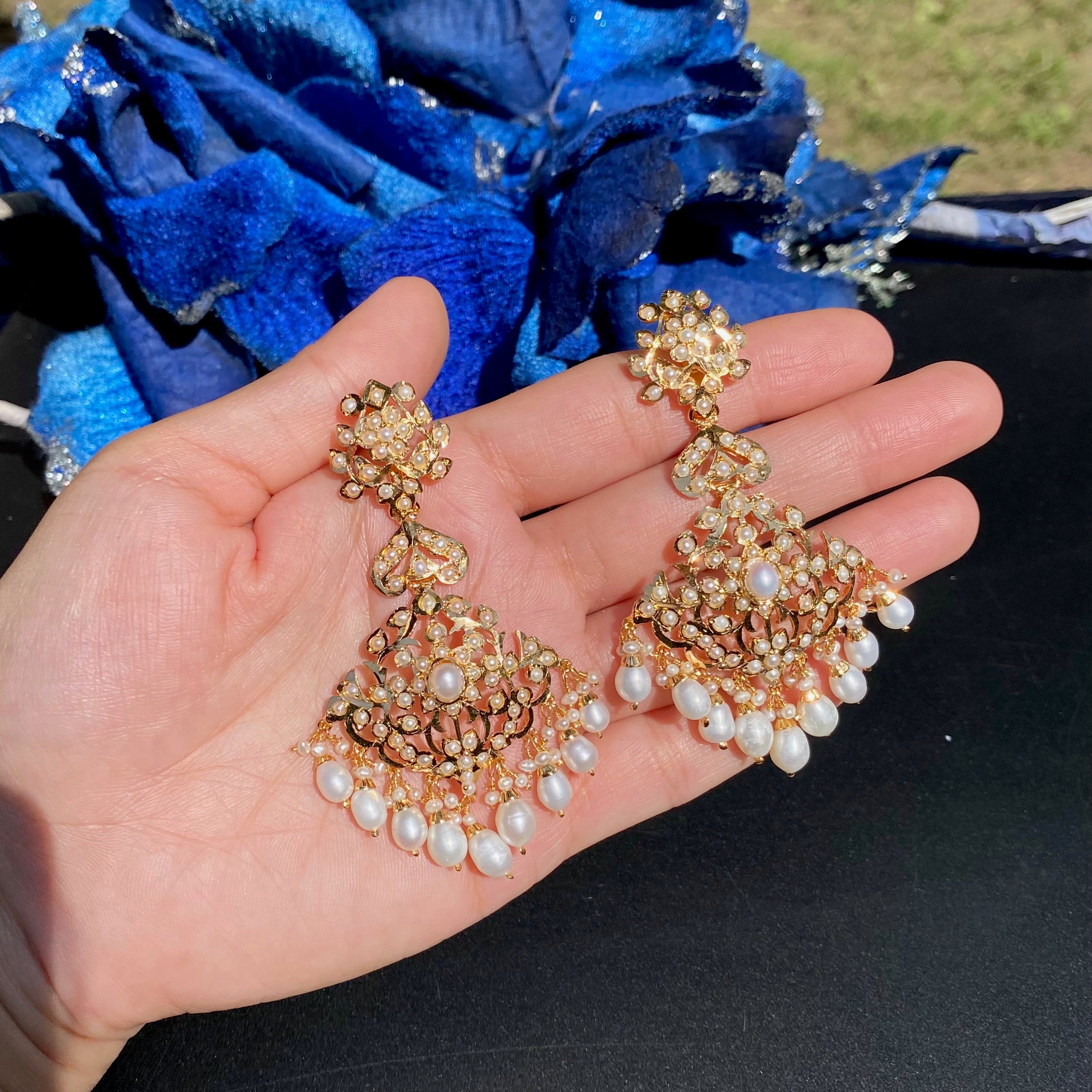 Intricate Silver Earrings studded with Freshwater Pearls | Gold Plated Indian Jewelry ER 612