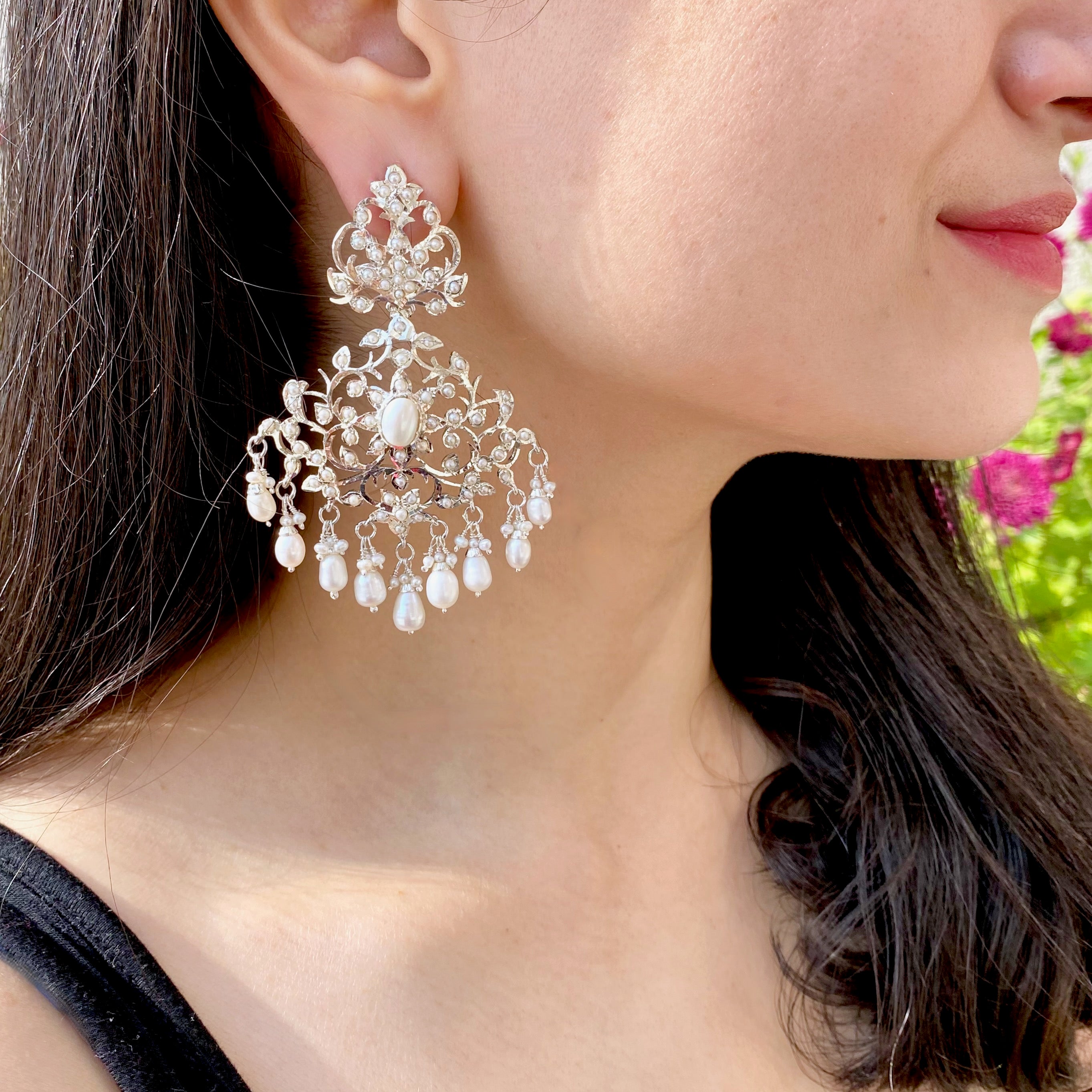 Pure Silver Indian Jewellery online | Pearl Drop Edwardian Earrings SER 165