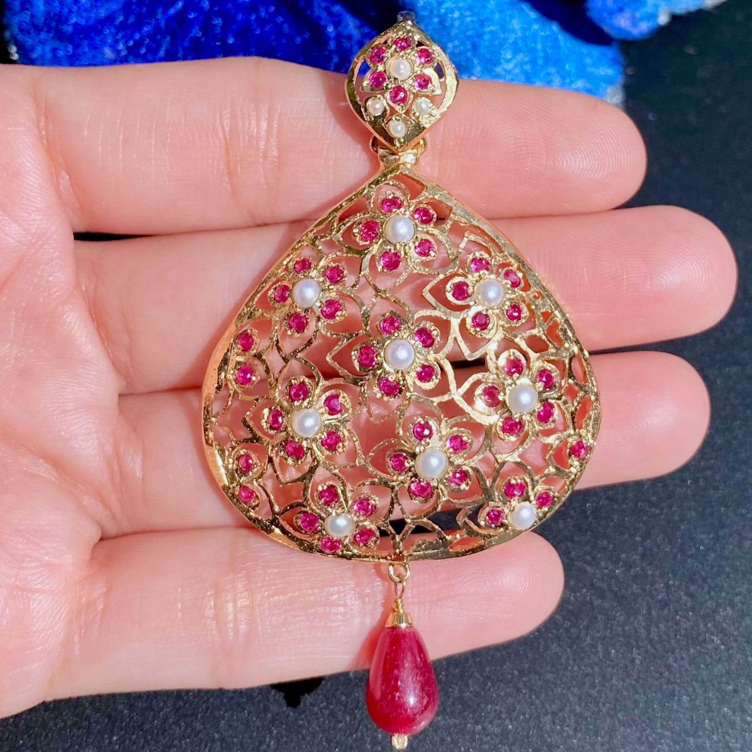 Intricate Jadau Pendant Set with Red Stones | Gold Plated on Silver PS 138