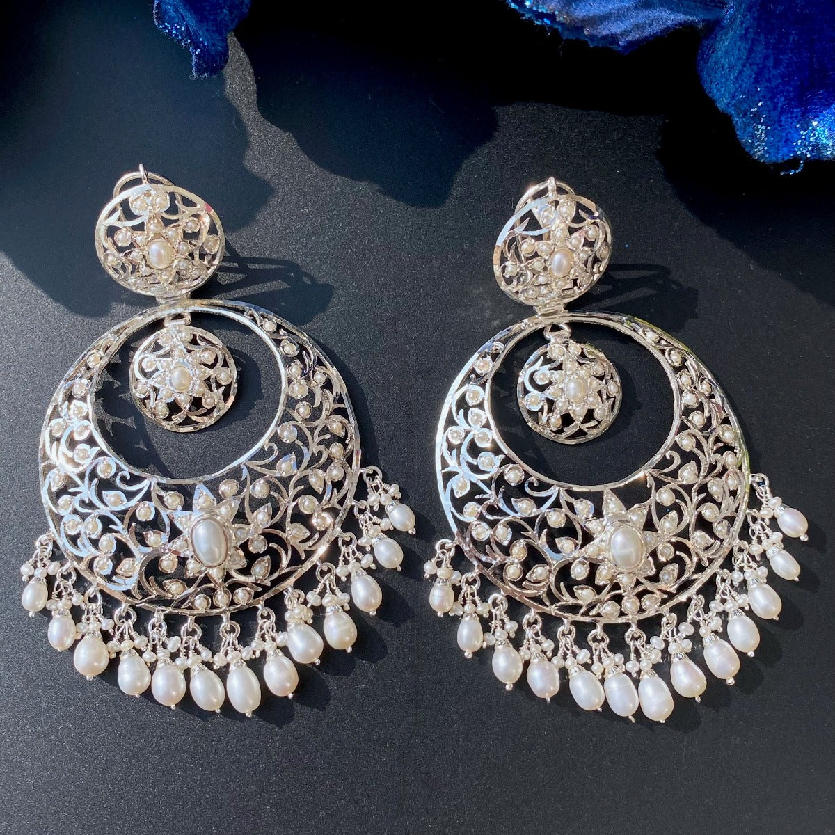 big chandbali earrings in sterling silver studded with pearls