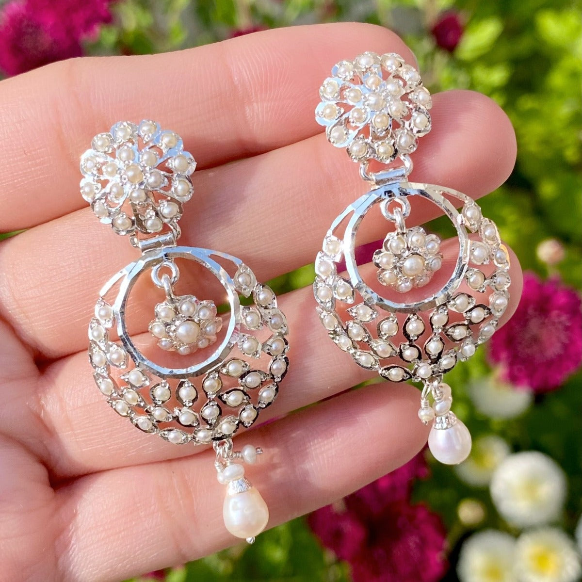 silver chandbali earring, studded with pearls
