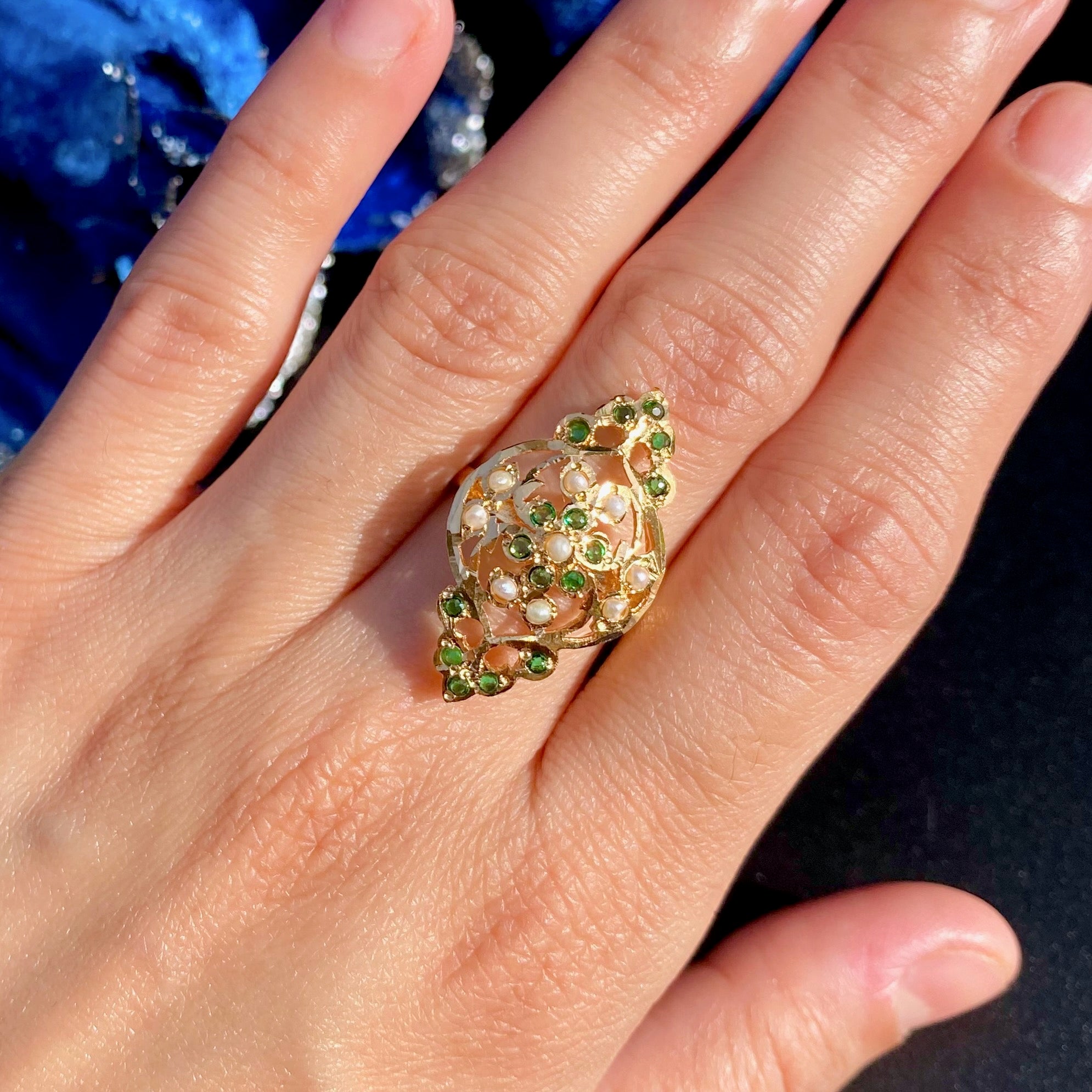Gold Plated Punjabi Jadau Ladies' Ring | Emerald Green Stones & Pearls BLR 010
