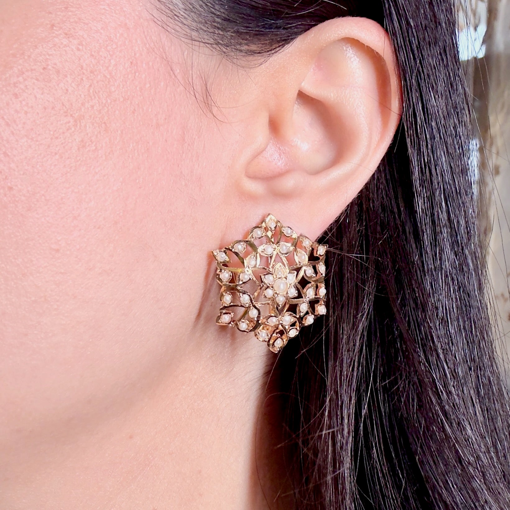 Modern Pearl Earrings | Gold Plated Jadau Studs on 925 Silver ER 480
