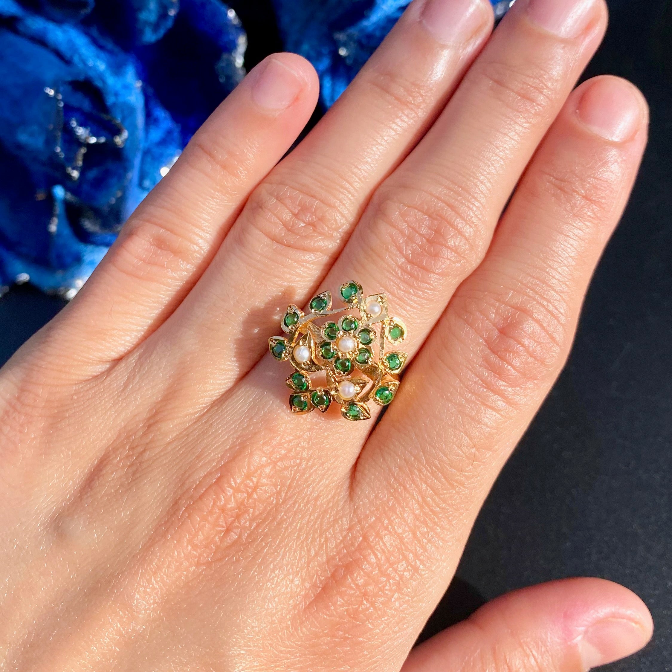 Gold Plated Ladies' Ring with Green Stones & Pearls | Budget Friendly Option BLR 016