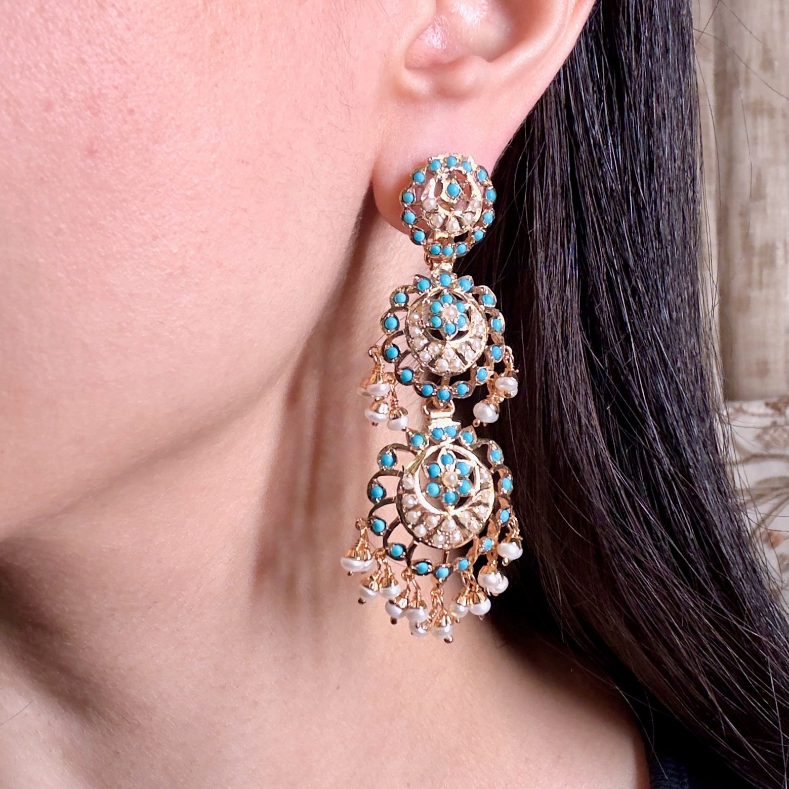 Tall Firoza Danglers | Gold Plated Turquoise Earrings on Silver Base ER 486