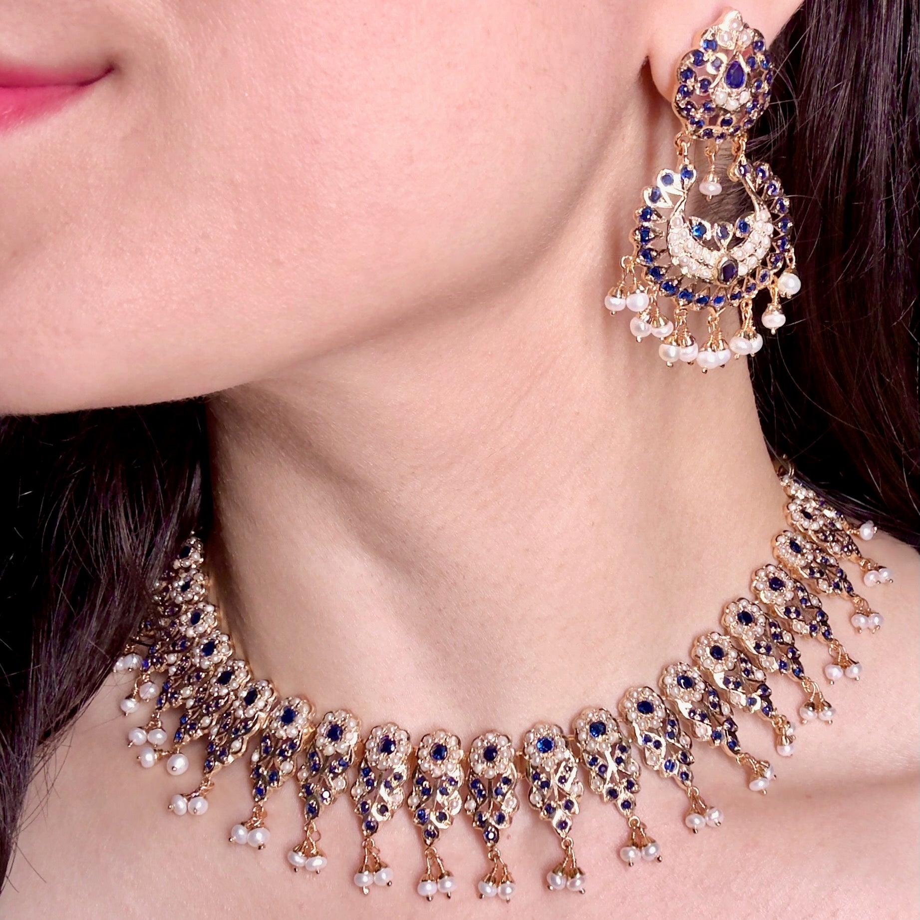 Elegant Sapphire Pearl Necklace with Chandbali Earrings NS 359