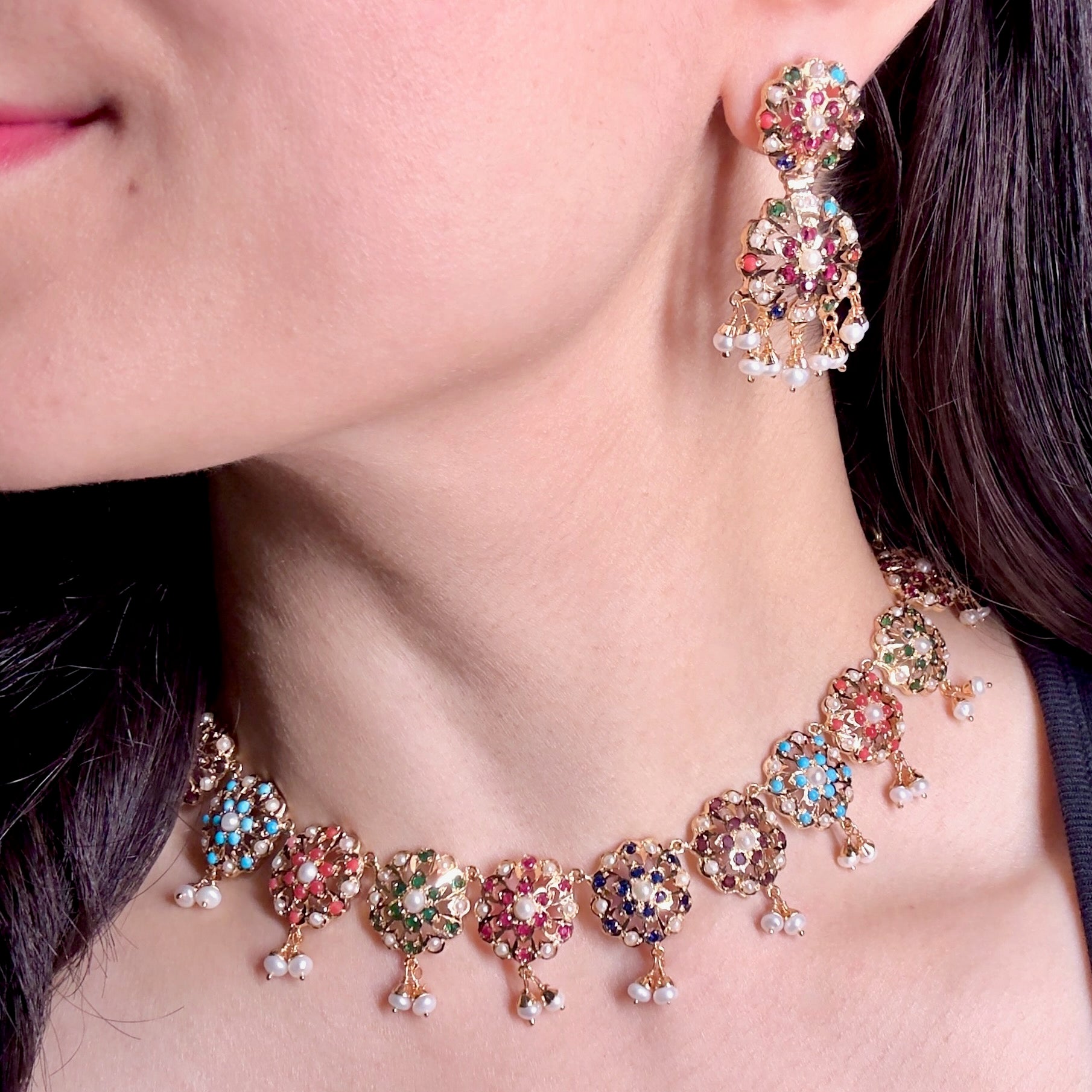 Cute Navratan Necklace Set | 925 Silver Gold Plated NS 372