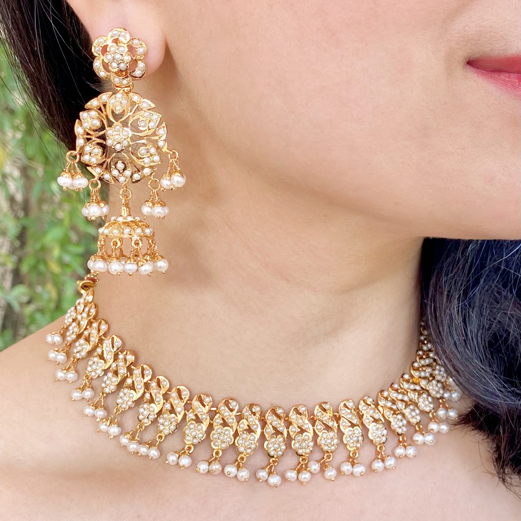 delicate pearl necklace with jhumki