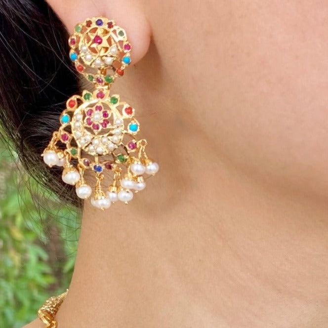 Dainty Navratna Earrings | Partywear Jadau Earrings ER 262E