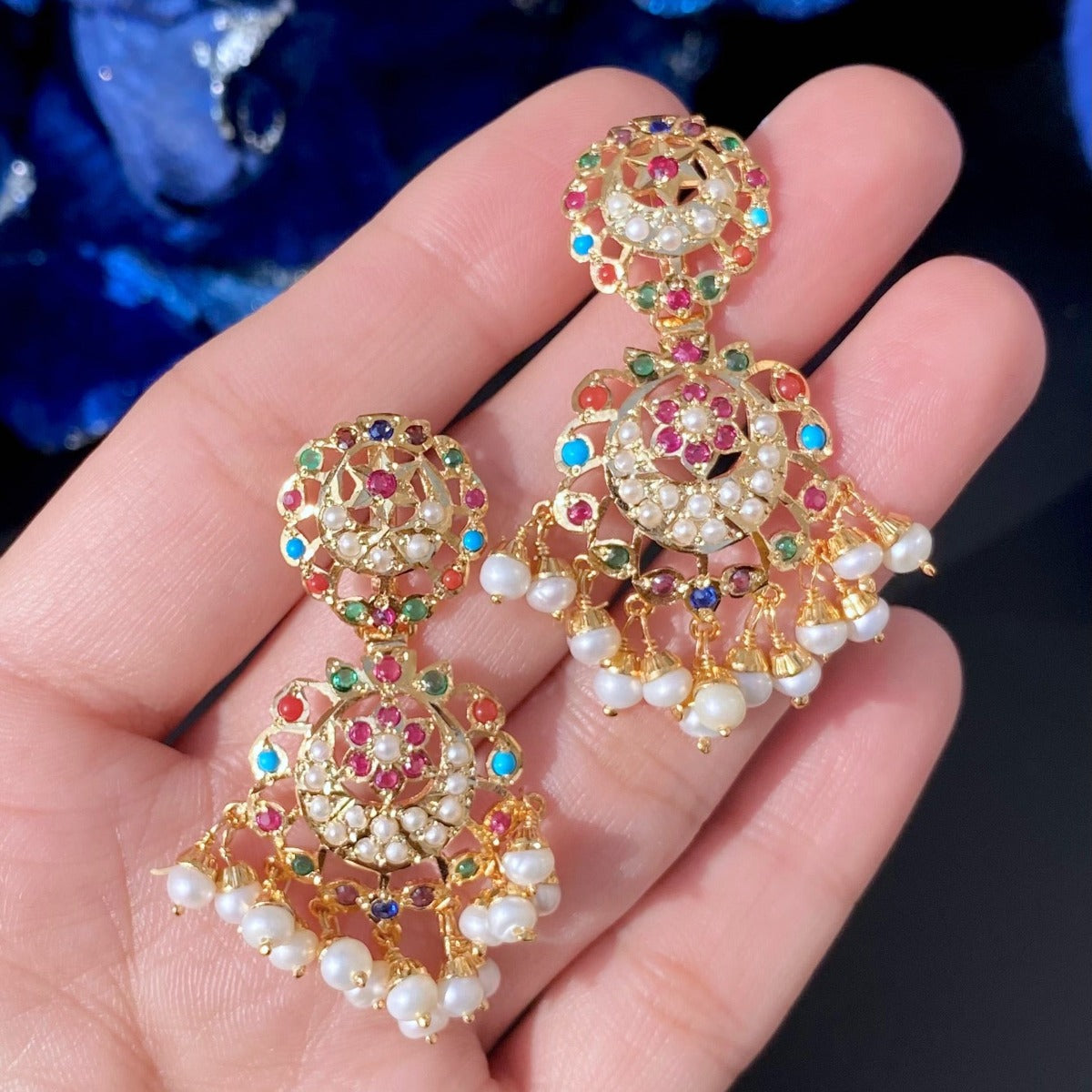 Dainty Navratna Earrings | Partywear Jadau Earrings ER 262E