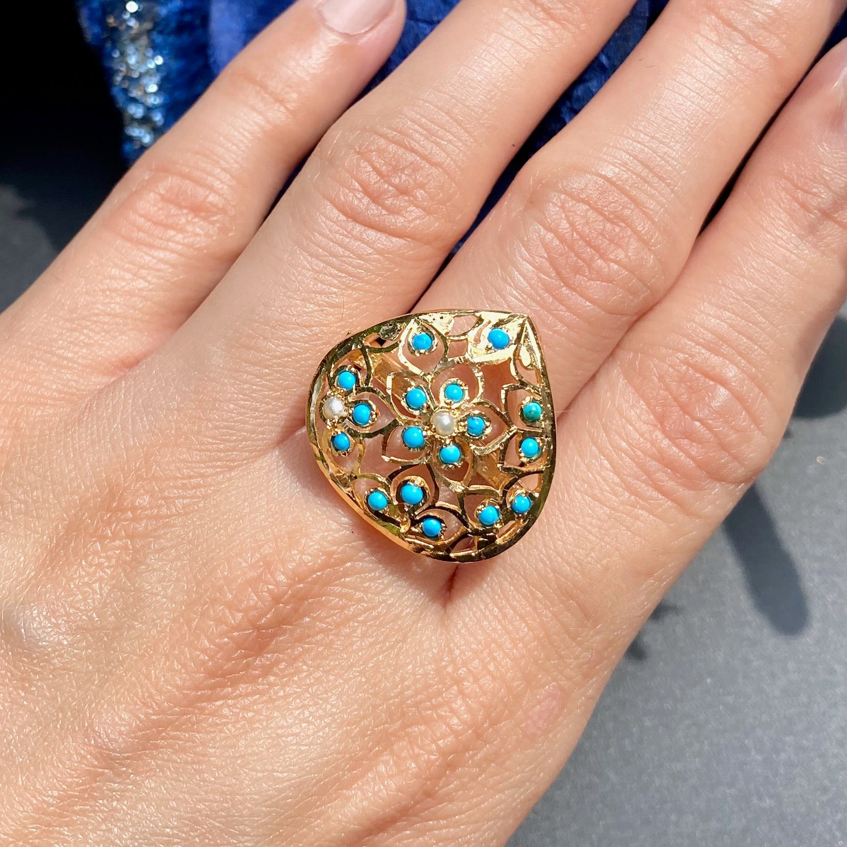 Sterling Silver with Gold Plating | Turquoise Pearl Cocktail Ring | LR 030