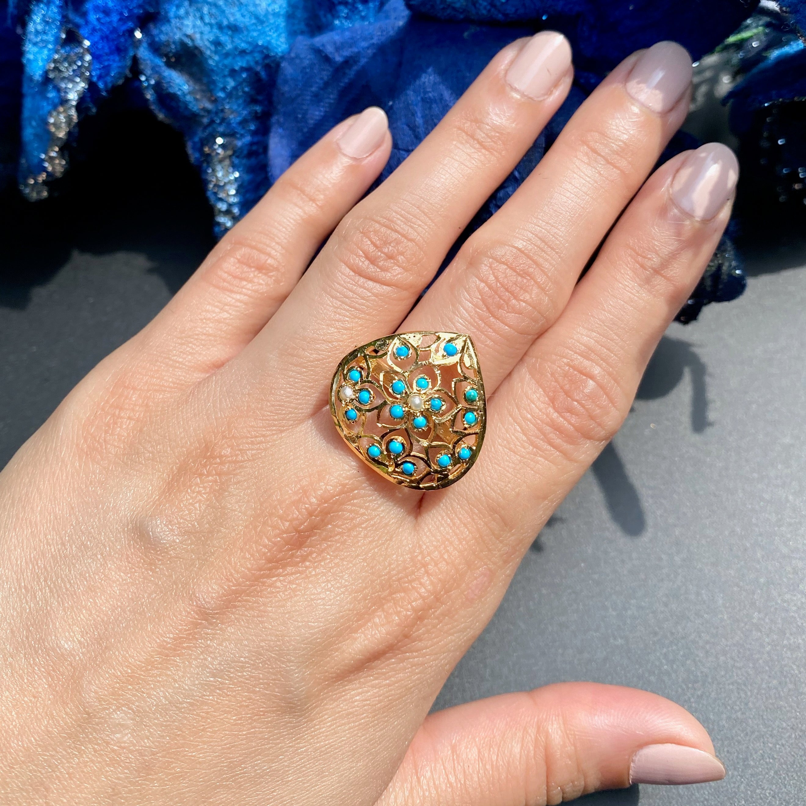 Sterling Silver with Gold Plating | Turquoise Pearl Cocktail Ring | LR 030