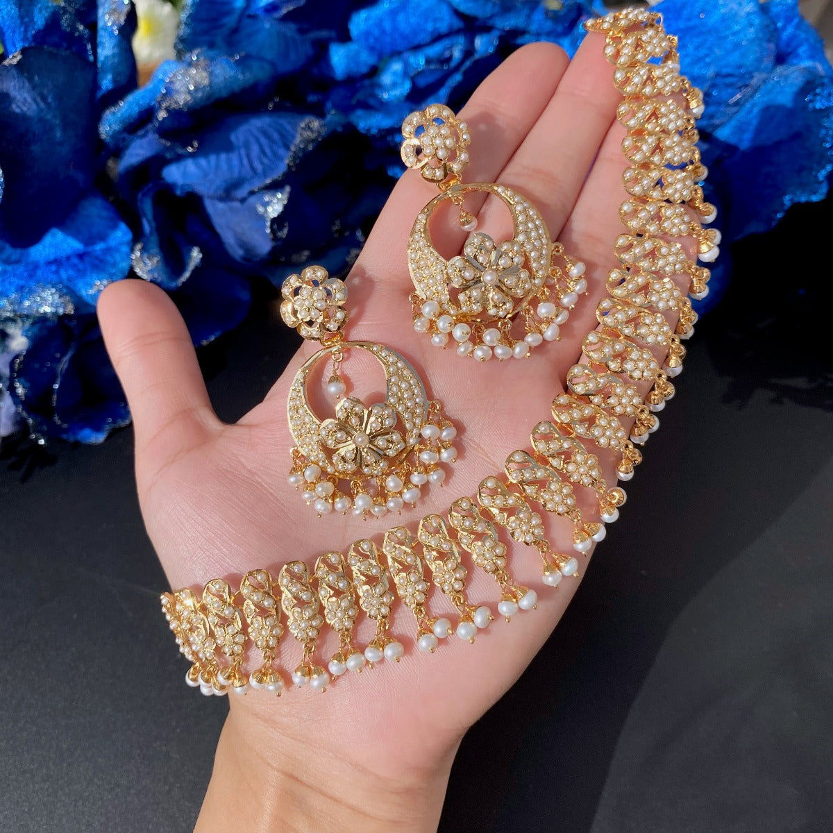 Silver Indian Jewellery Set 22k Gold Plated Real Pearl Studded NS 007