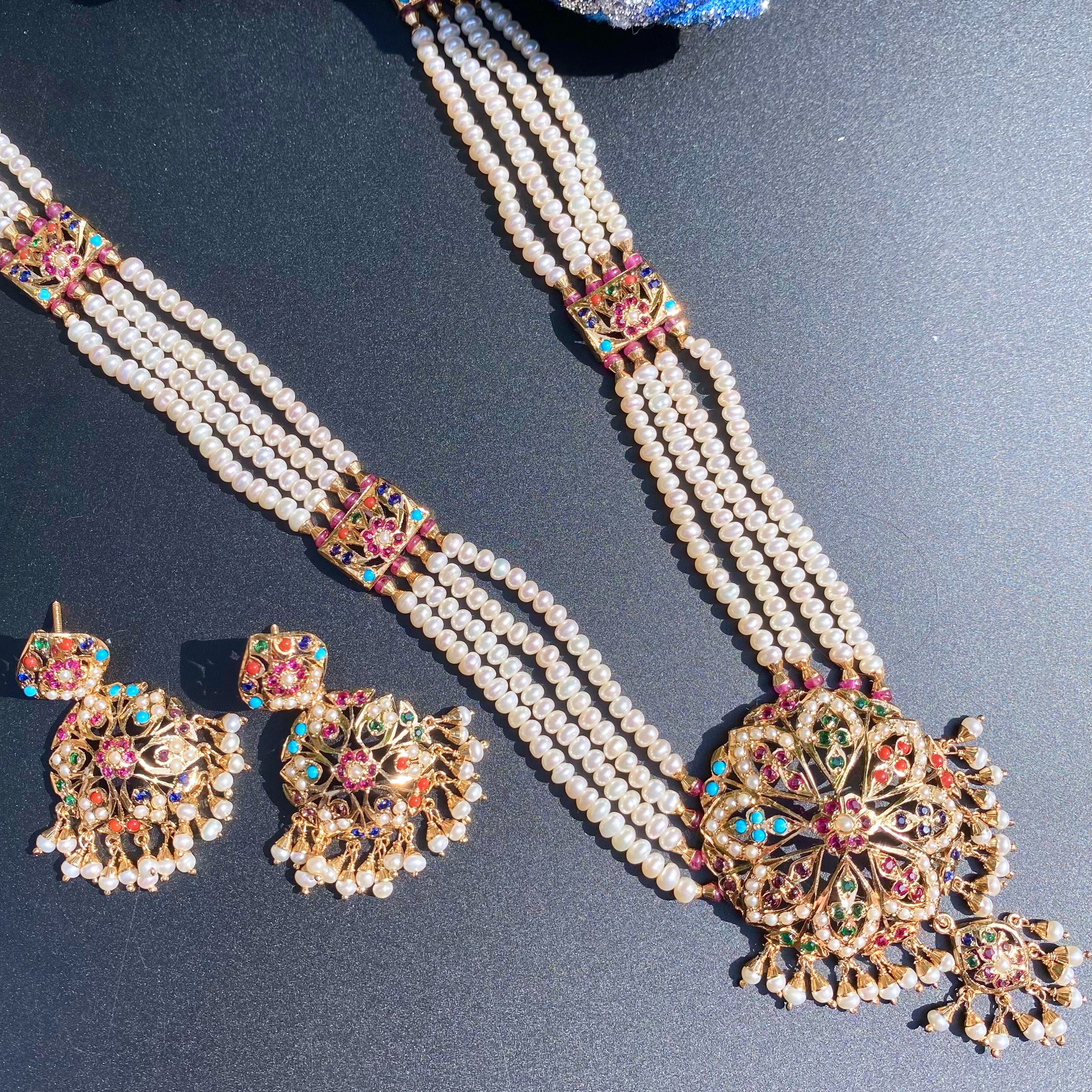 Navratana Rani Haar Set | Gold Plated on Silver | Authentic Freshwater Pearls NS 438