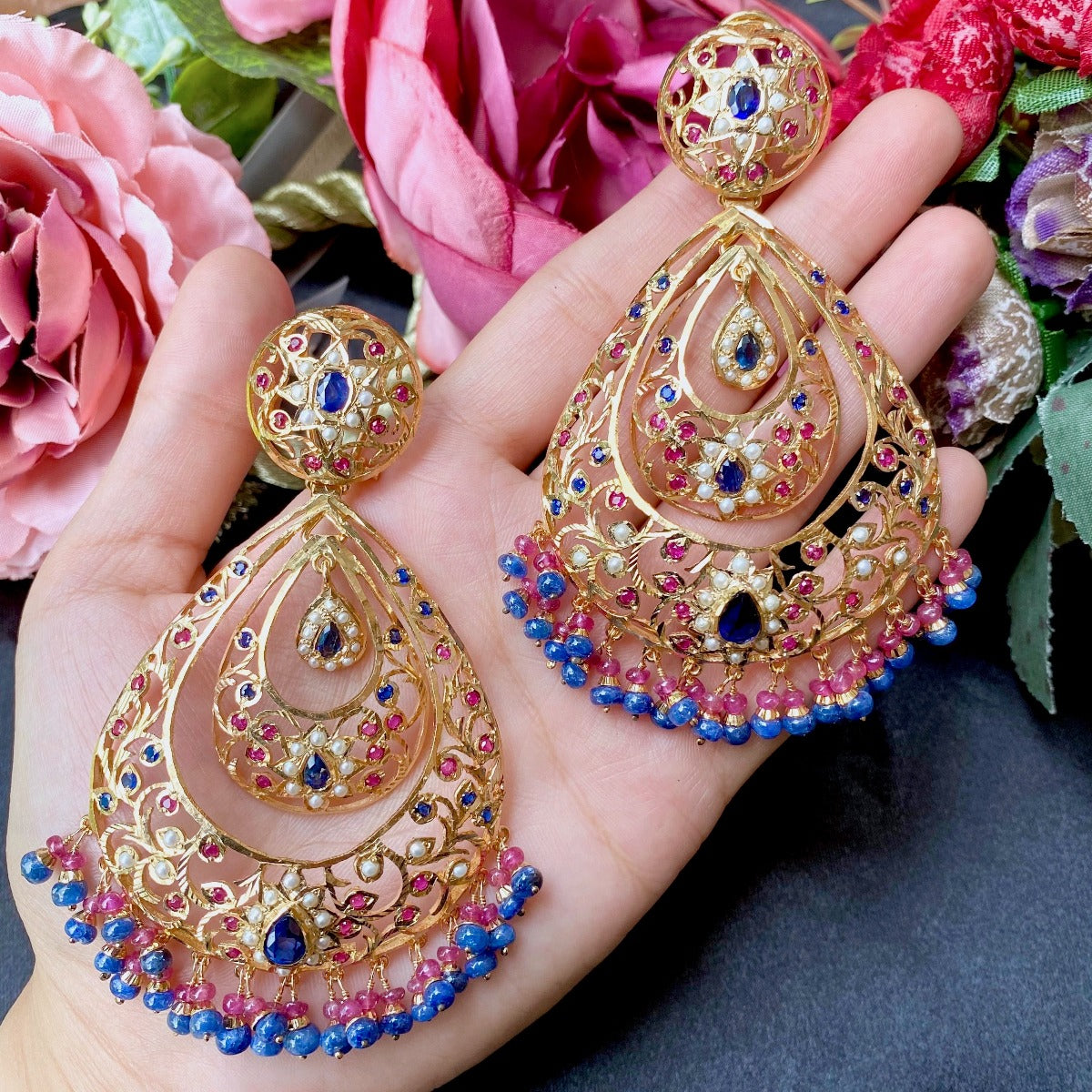 Big Jadau Chandbali Earrings Red Blue Colors Gold Plated Silver