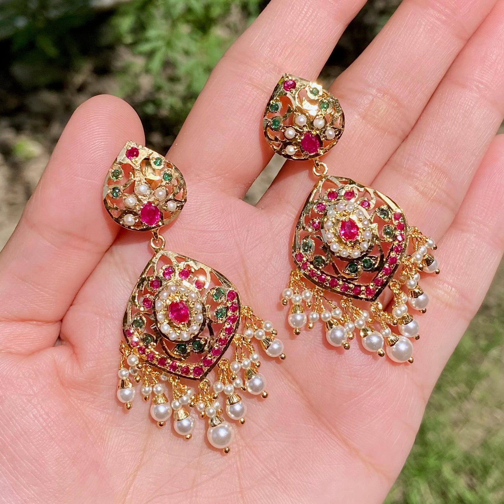 Red Green Jadau Earrings | Gold Plated on Mixed Metal Base BER 059