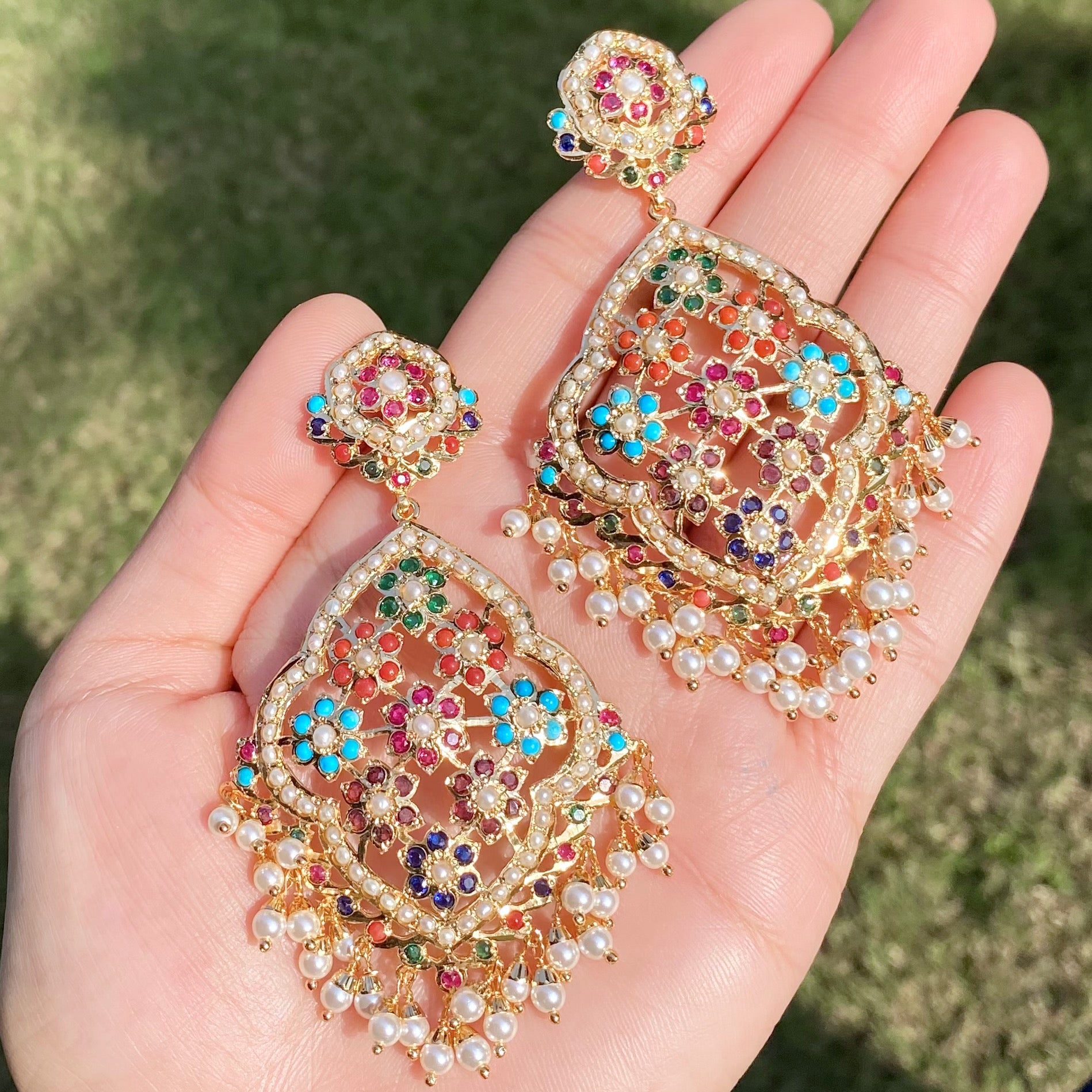 Large Navratna Earrings For Women | Gold Plated on Budget Friendly Metal Base BER 073