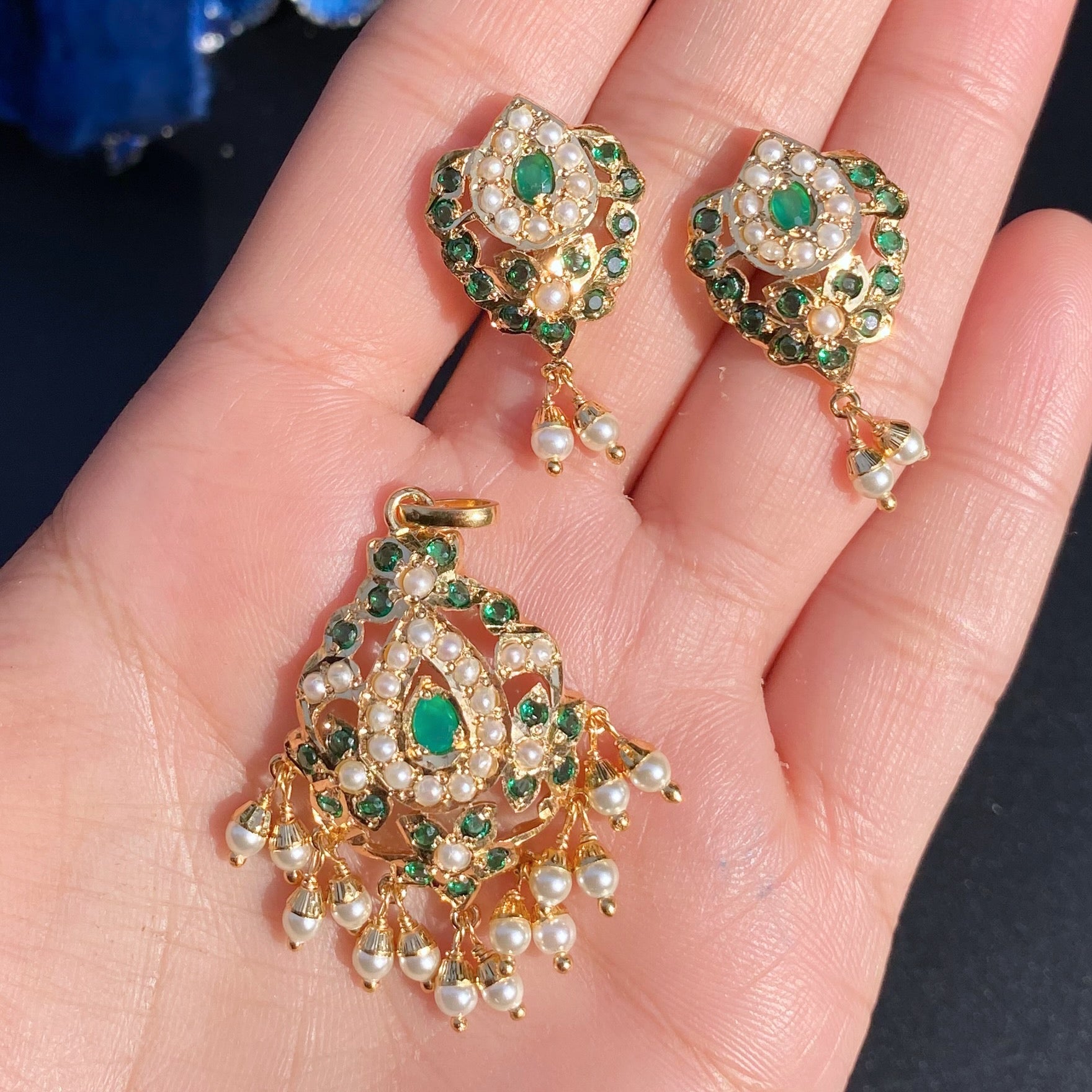 Green Pendant & Earrings | Artificial Jadau Jewelry Set BPS 005